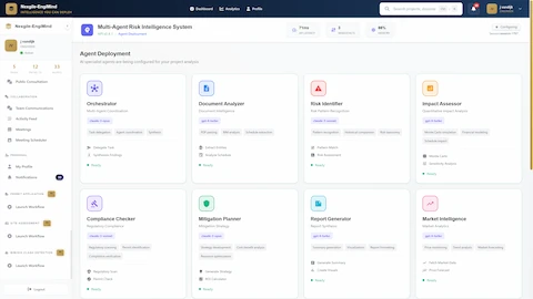 Illustrative preview (sample data, not verified outcomes): Agent Deployment showing 8 specialized AI agents for technical, financial, regulatory, environmental, schedule, and operational risk assessment