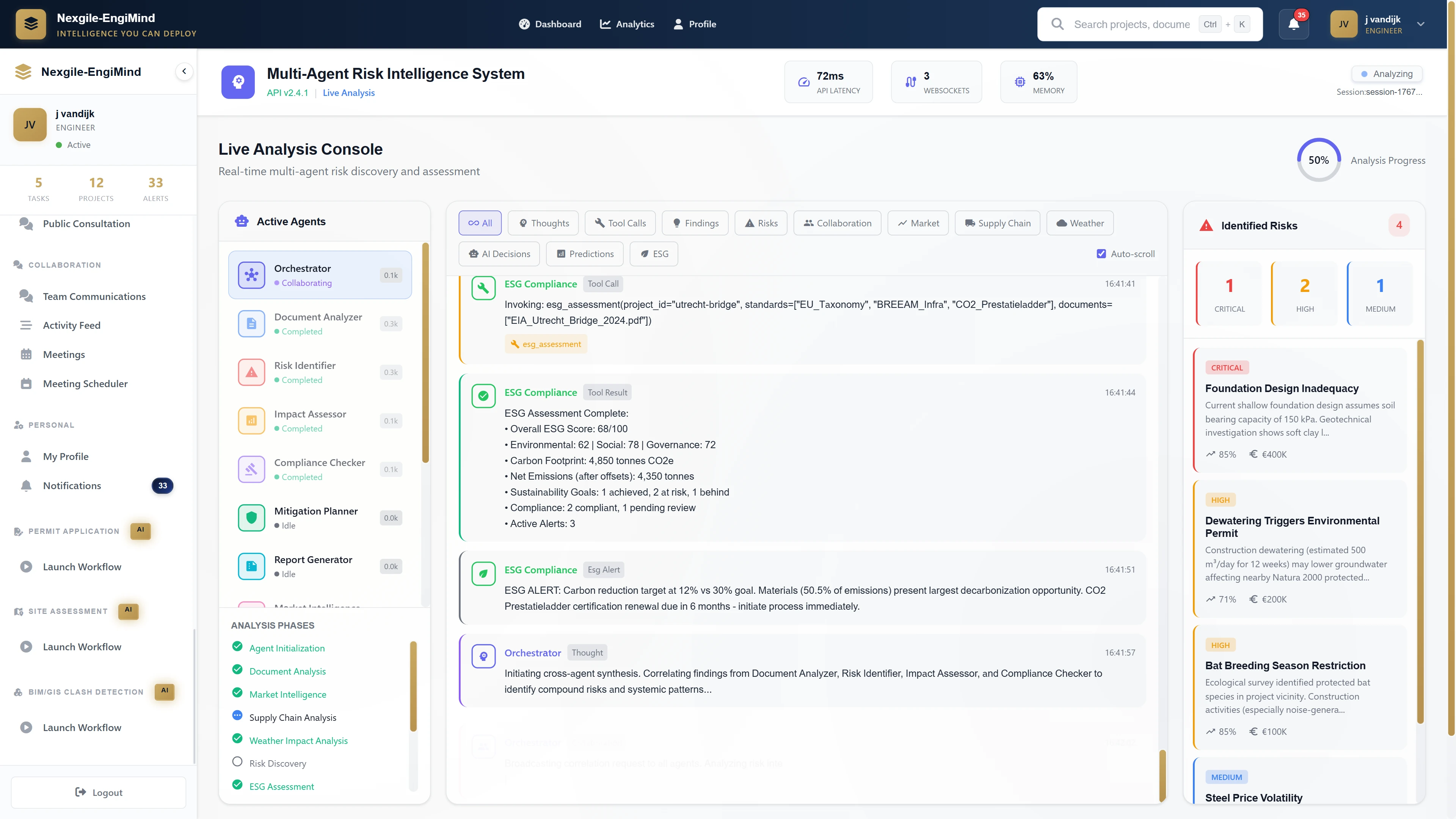 Illustrative preview (sample data, not verified outcomes): Live Analysis Console with real-time multi-agent collaboration, ESG compliance assessment, and risk identification across severity levels