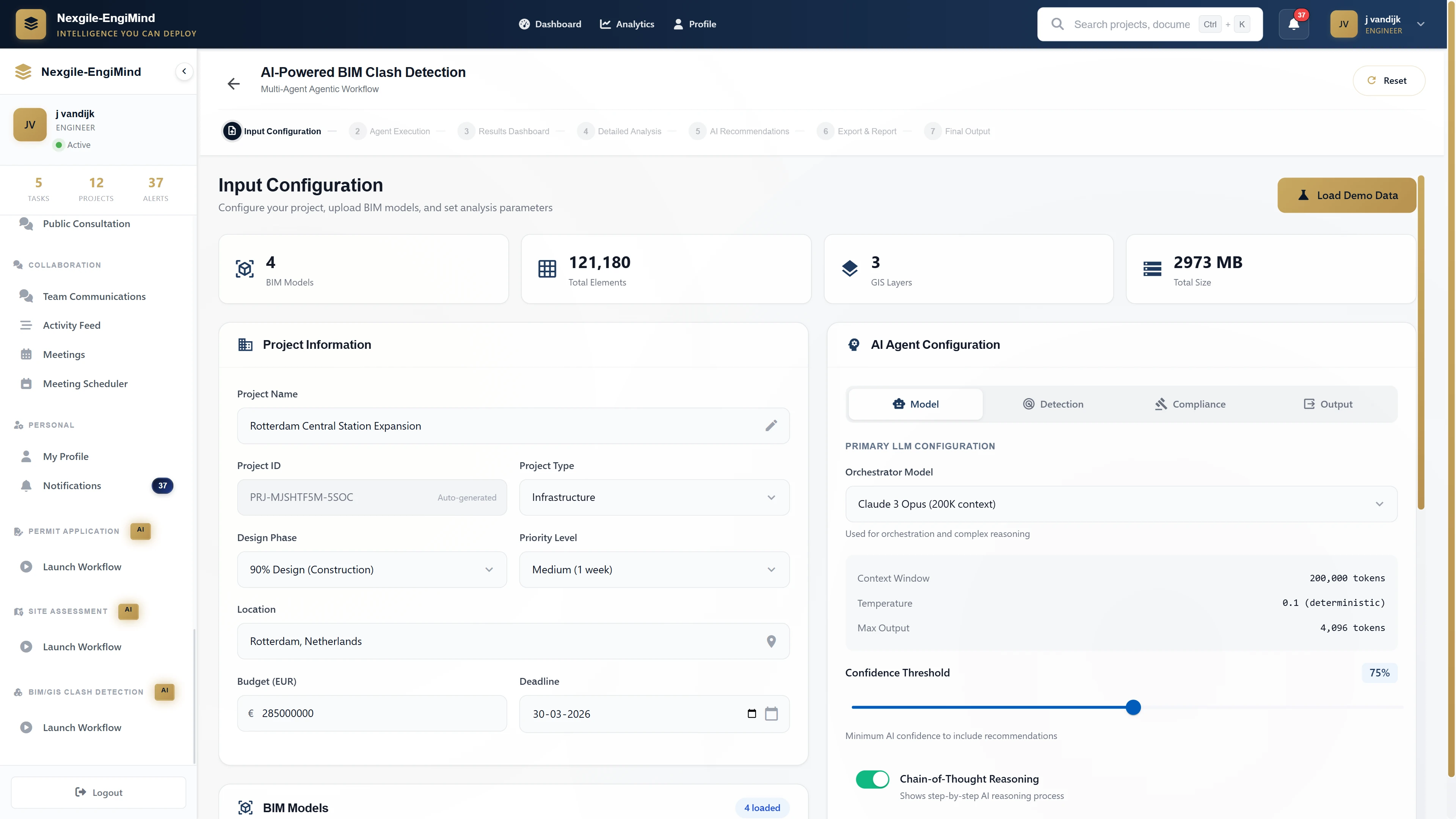 Illustrative preview (sample data, not verified outcomes): Input Configuration for BIM model upload, project parameters, and AI agent settings with chain-of-thought reasoning enabled