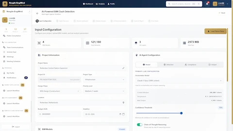 Illustrative preview (sample data, not verified outcomes): Input Configuration for BIM model upload, project parameters, and AI agent settings with chain-of-thought reasoning enabled