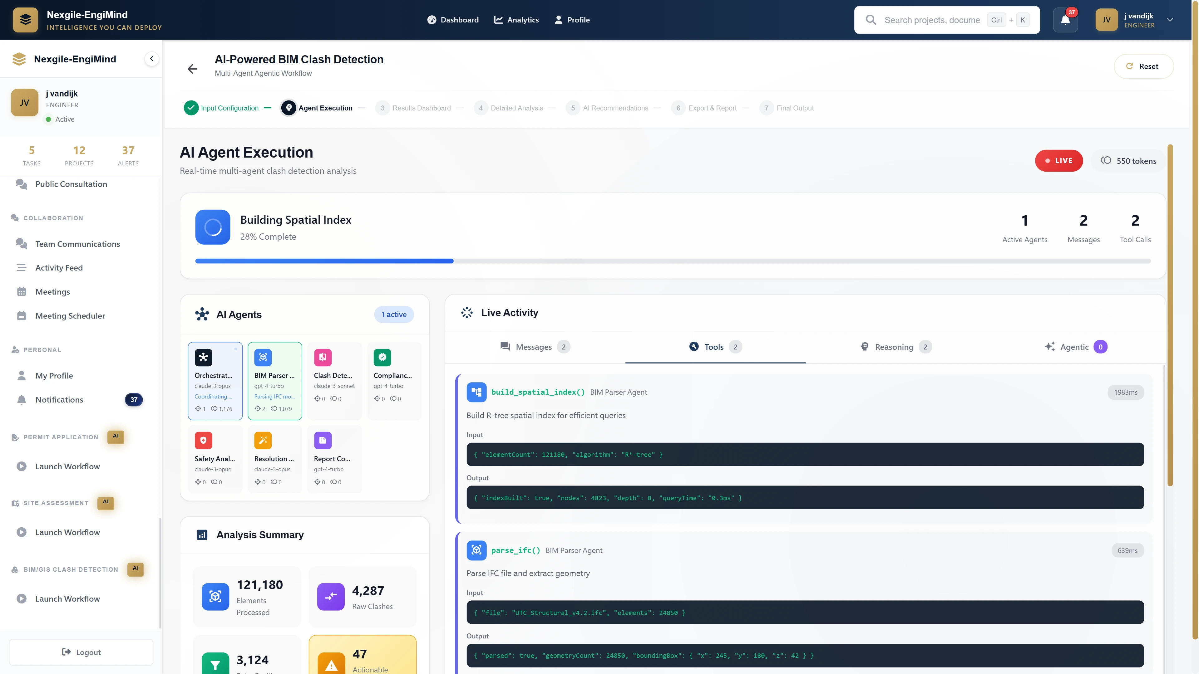 Illustrative preview (sample data, not verified outcomes): AI Agent Execution showing real-time multi-agent clash detection with spatial indexing, IFC parsing, and analysis progress metrics