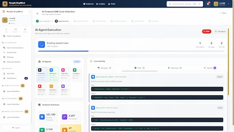 Illustrative preview (sample data, not verified outcomes): AI Agent Execution showing real-time multi-agent clash detection with spatial indexing, IFC parsing, and analysis progress metrics