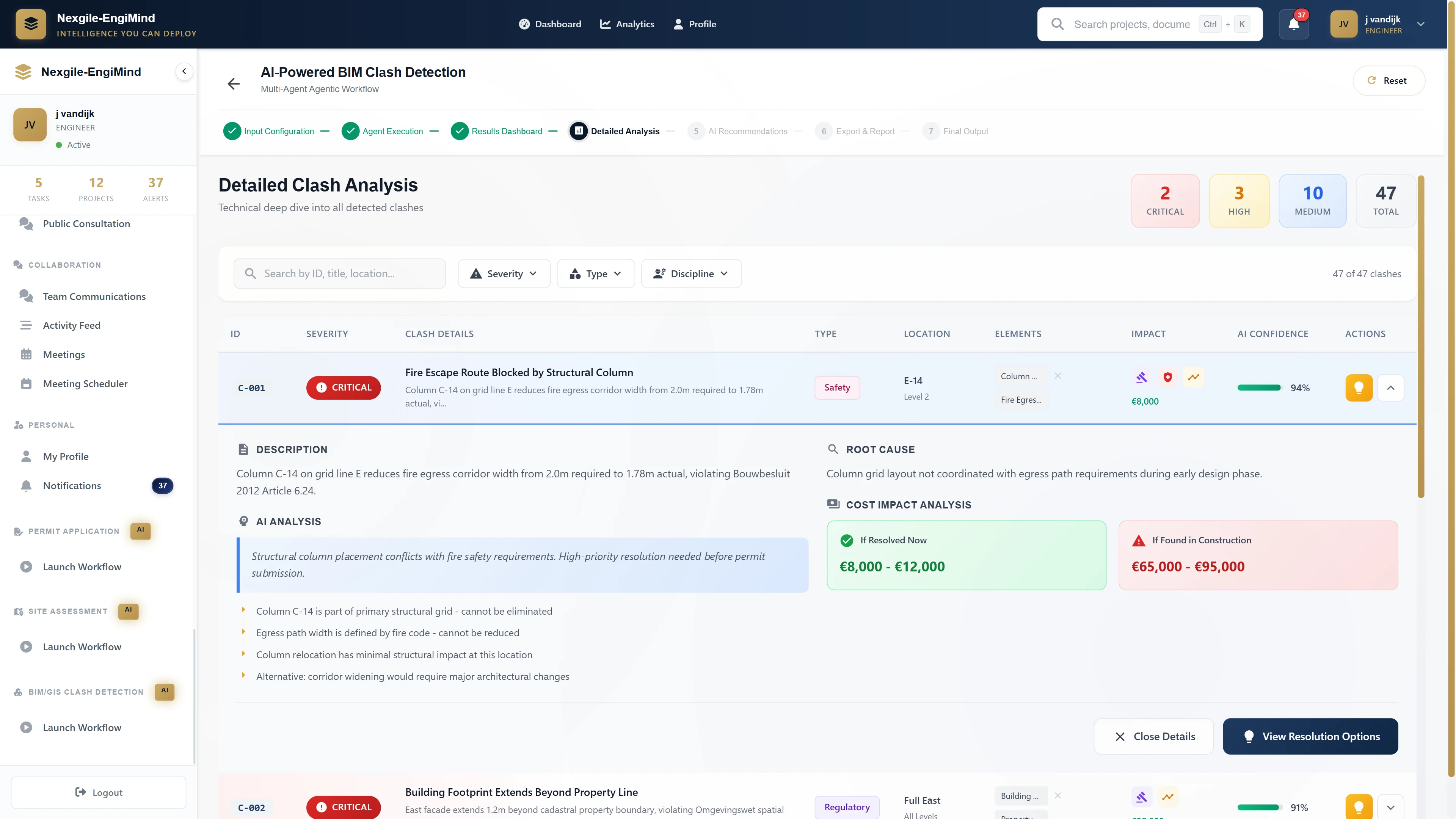 Illustrative preview (sample data, not verified outcomes): Detailed Clash Analysis with severity categorization, root cause identification, and cost impact comparison for design vs construction resolution