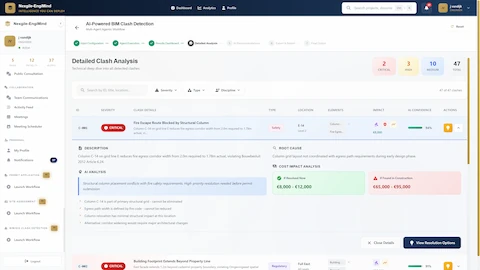 Illustrative preview (sample data, not verified outcomes): Detailed Clash Analysis with severity categorization, root cause identification, and cost impact comparison for design vs construction resolution