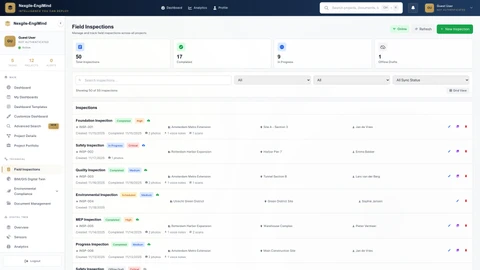 Illustrative preview (sample data, not verified outcomes): Field Inspection List - Multi-disciplinary project tracking dashboard
