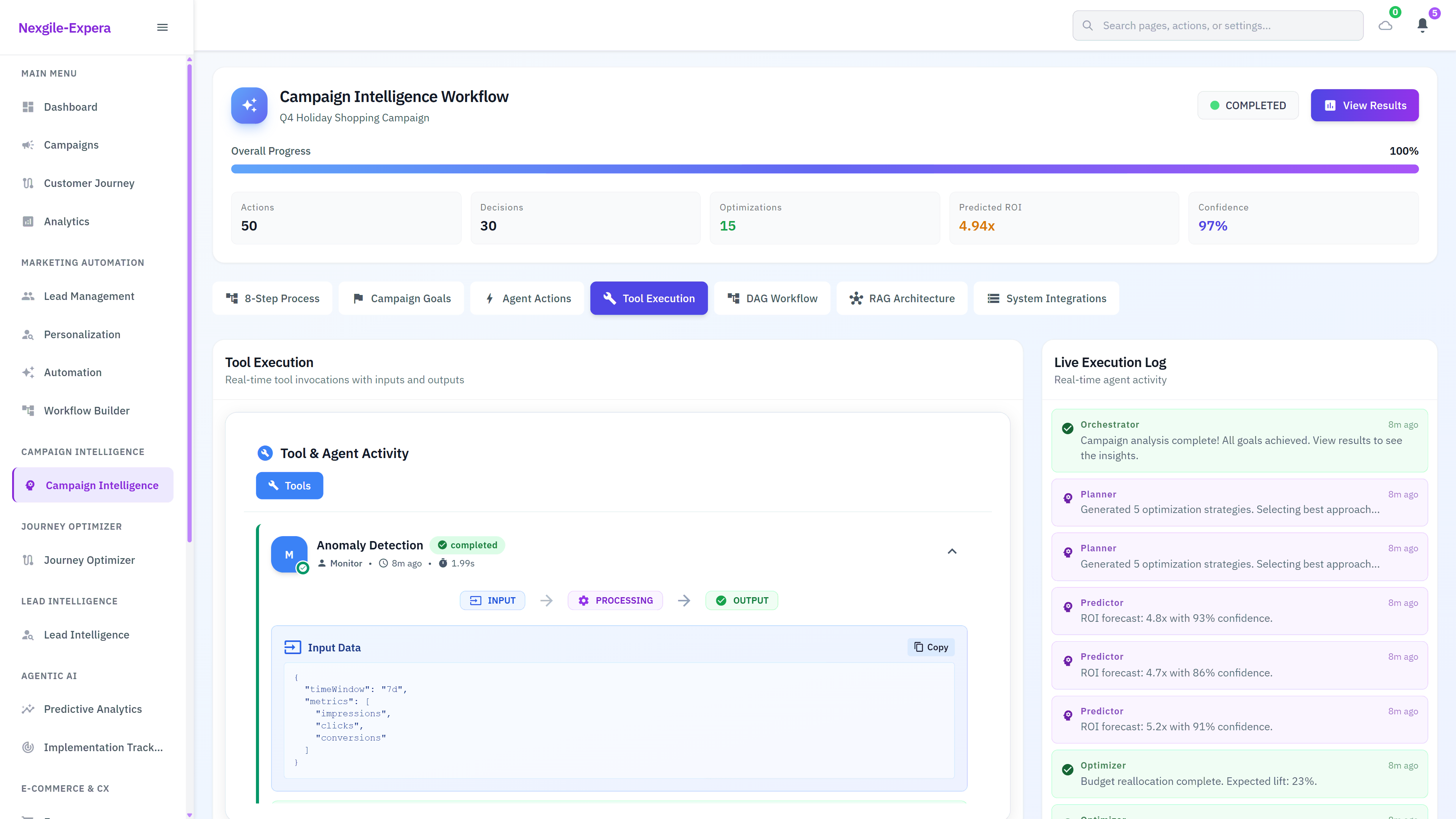 Illustrative preview (sample data, not verified outcomes): Tool Execution View - Real-time anomaly detection tool activity displaying input/output data and agent collaboration monitoring