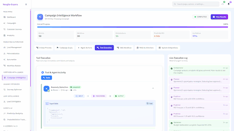 Illustrative preview (sample data, not verified outcomes): Tool Execution View - Real-time anomaly detection tool activity displaying input/output data and agent collaboration monitoring