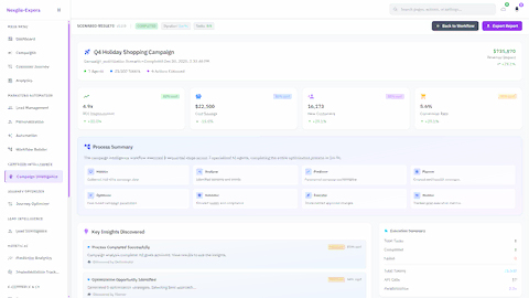 Illustrative preview (sample data, not verified outcomes): Campaign Results Dashboard - Completed Q4 Holiday Shopping Campaign showing 4.9x ROI improvement, $22,500 cost savings, 16,173 new customers, and comprehensive process summary