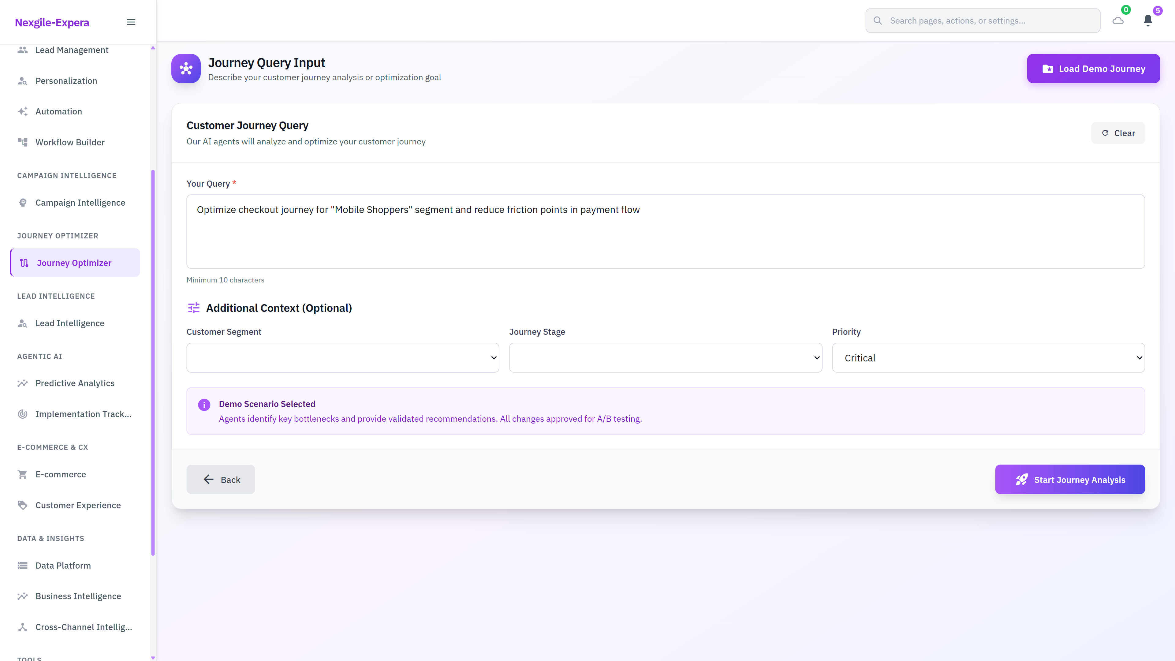 Illustrative preview (sample data, not verified outcomes): Journey Query Input - Customer journey optimization interface for defining analysis goals with context fields for segment targeting and friction point reduction