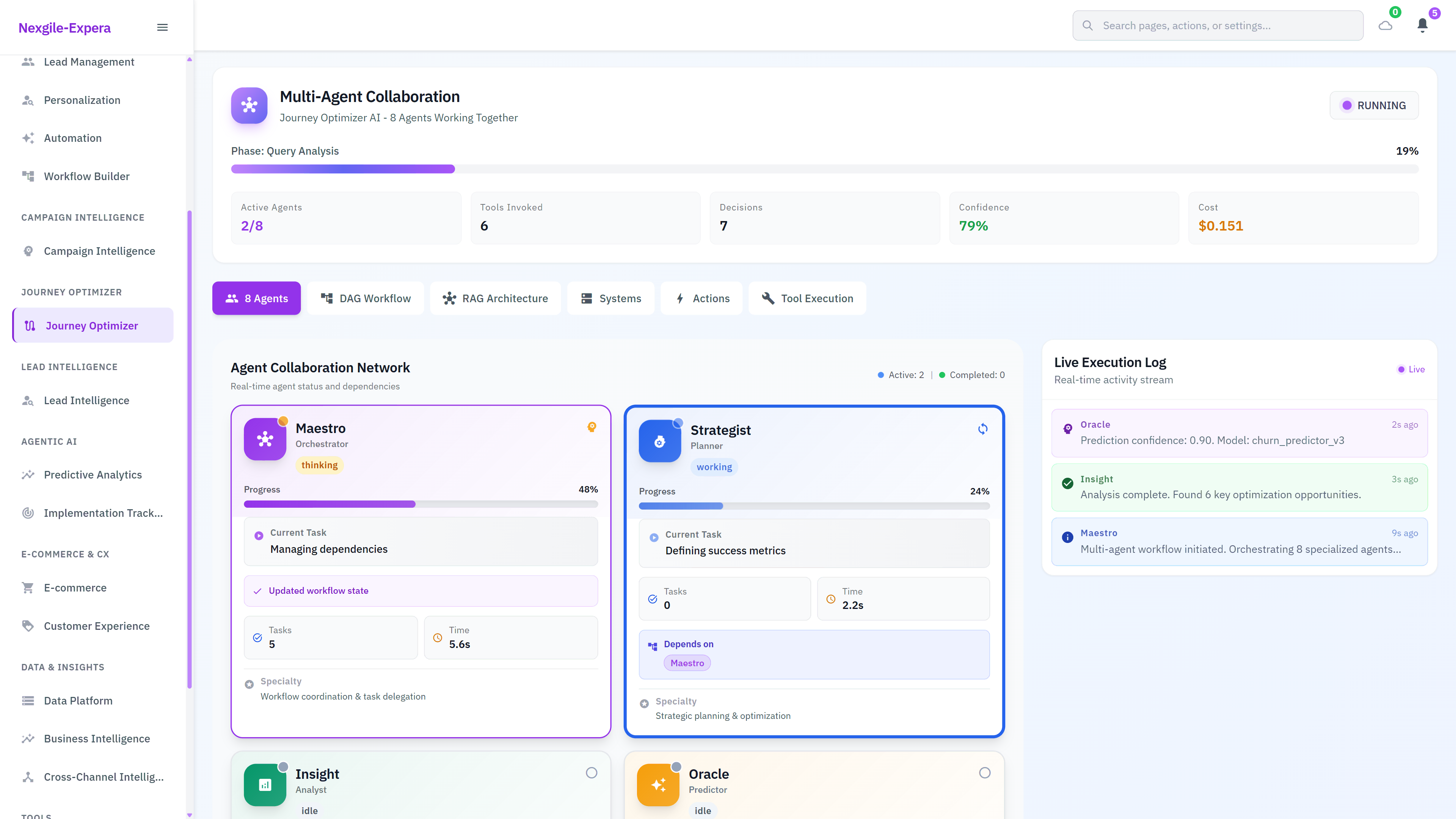 Illustrative preview (sample data, not verified outcomes): Multi-Agent Collaboration - 8 AI agents working together showing Maestro orchestrator and Strategist planner coordinating workflow dependencies in real-time