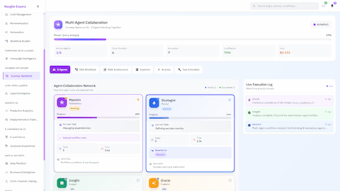 Illustrative preview (sample data, not verified outcomes): Multi-Agent Collaboration - 8 AI agents working together showing Maestro orchestrator and Strategist planner coordinating workflow dependencies in real-time