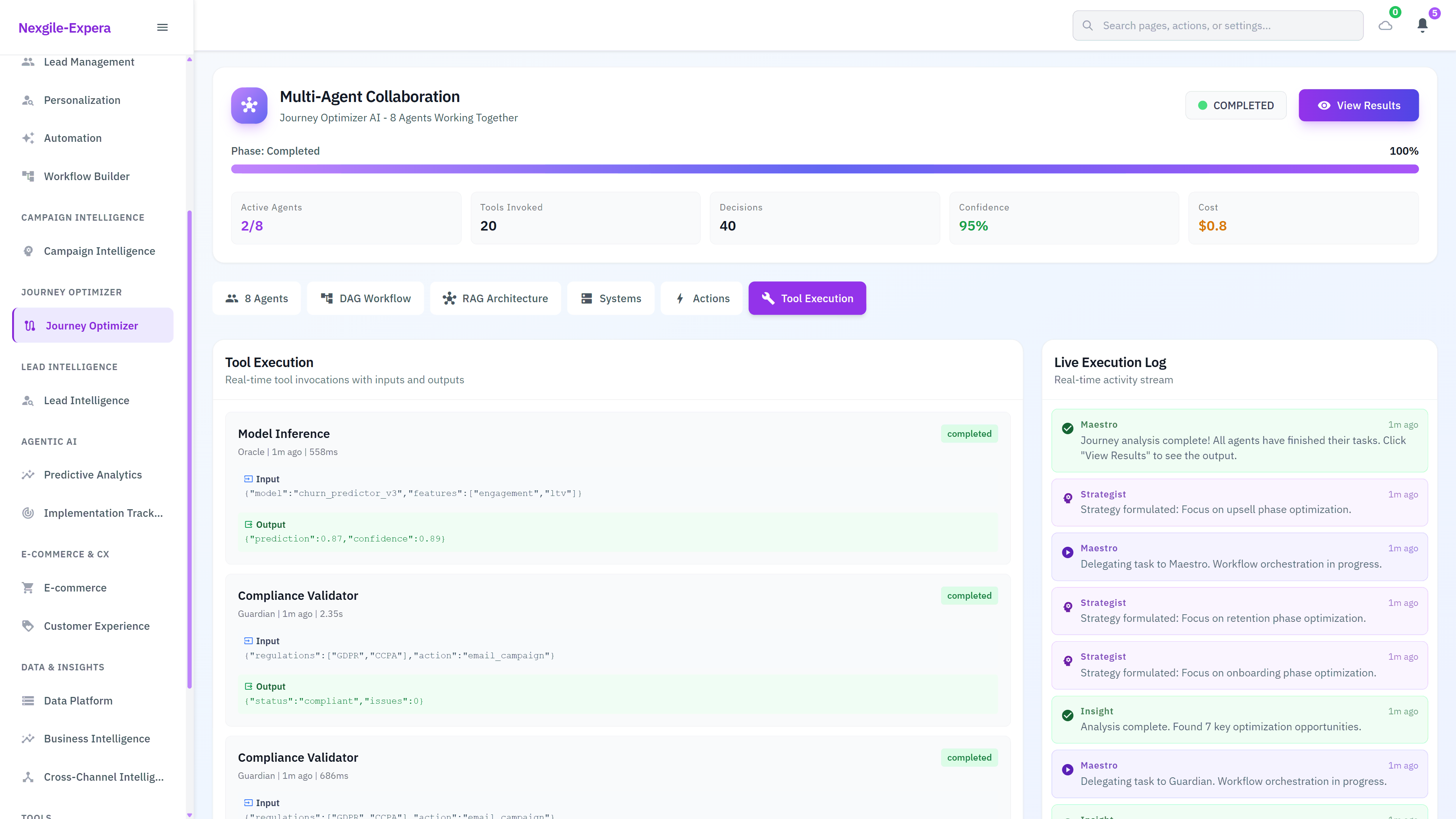Illustrative preview (sample data, not verified outcomes): Tool Execution Log - Completed Model Inference and Compliance Validator tasks displaying detailed input/output parameters and execution history