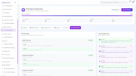 Illustrative preview (sample data, not verified outcomes): Tool Execution Log - Completed Model Inference and Compliance Validator tasks displaying detailed input/output parameters and execution history
