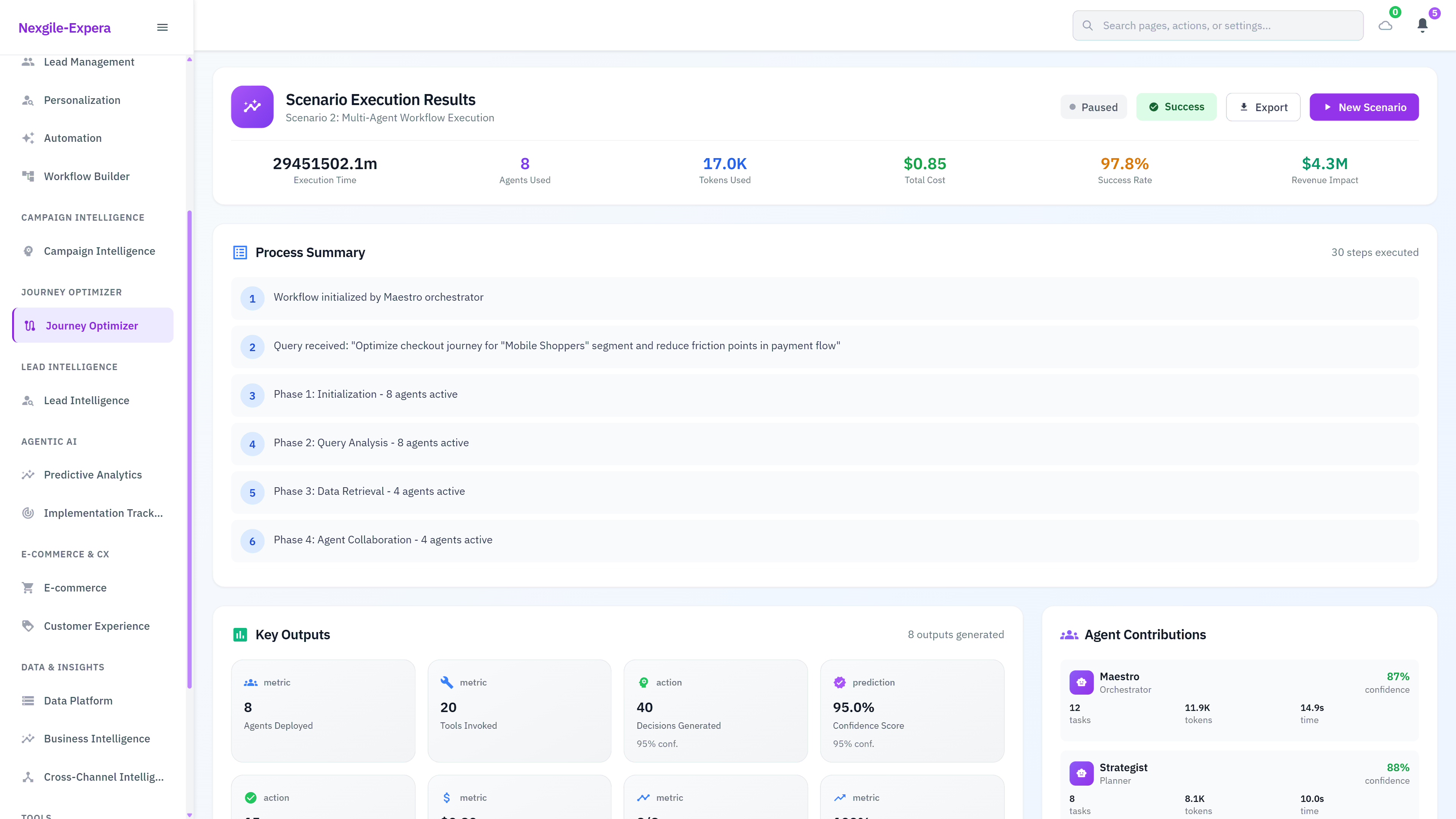 Illustrative preview (sample data, not verified outcomes): Execution Results - Successful journey optimization with 8 agents deployed, 20 tools invoked, 40 decisions generated, 95% confidence score, and detailed agent contributions