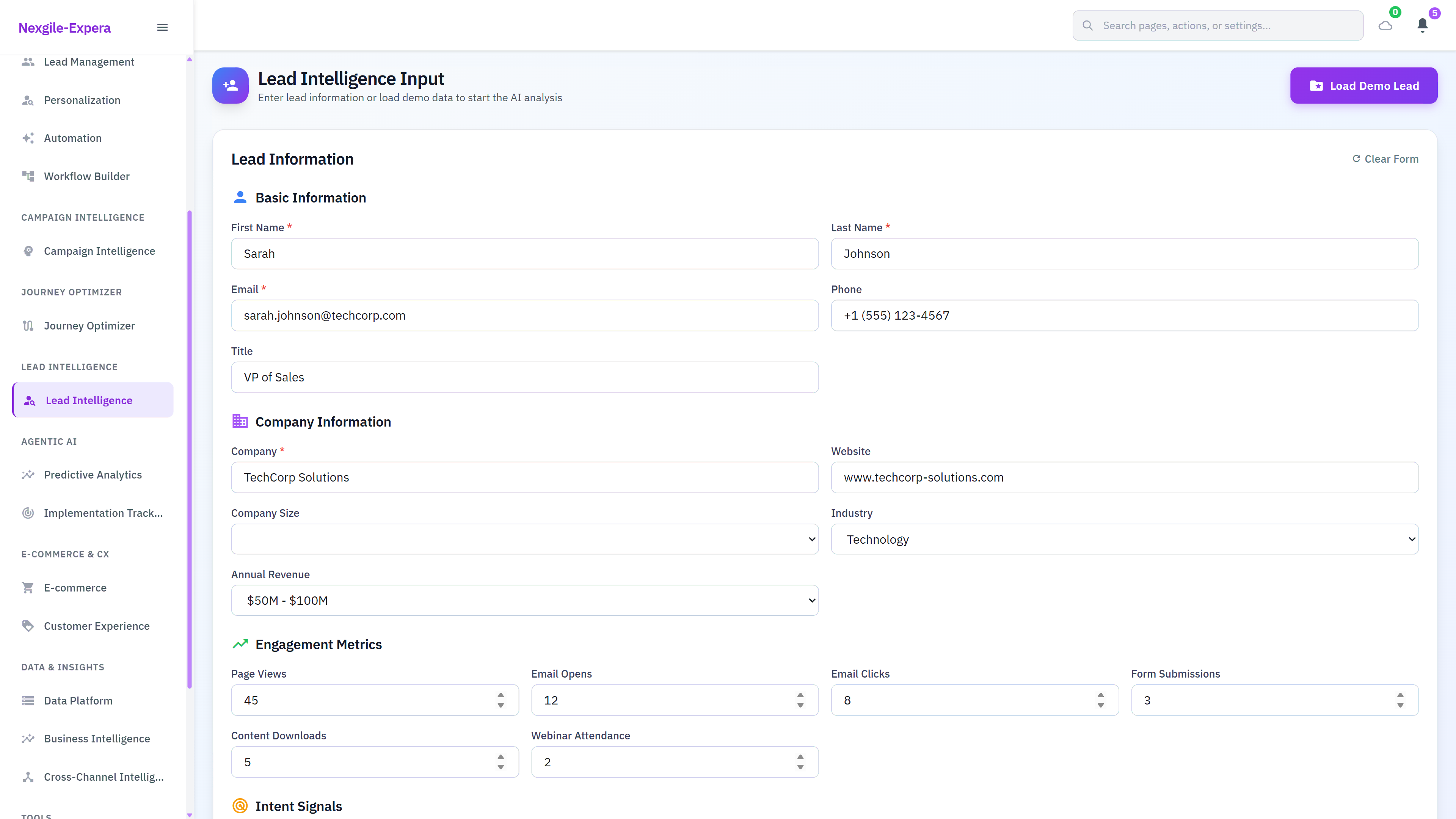 Illustrative preview (sample data, not verified outcomes): Lead Intelligence Input - Comprehensive lead capture form with basic information, company details, engagement metrics, and intent signals for AI analysis