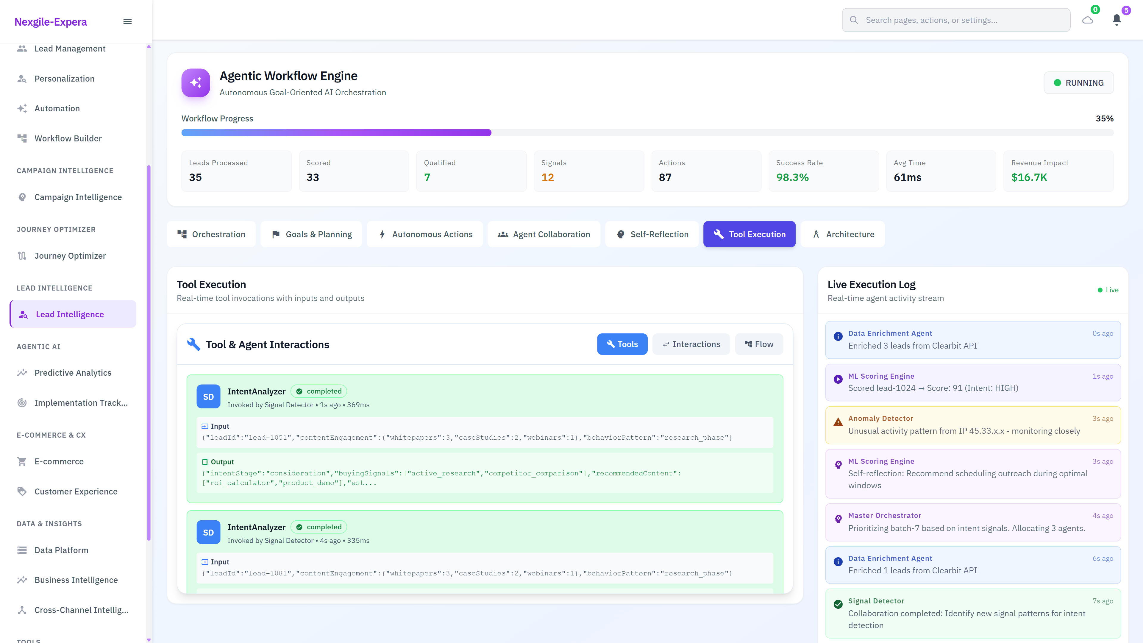 Illustrative preview (sample data, not verified outcomes): Tool & Agent Interactions - Real-time IntentAnalyzer tool execution showing input parameters, output insights, and collaboration between Signal Detector and ML Scoring Engine