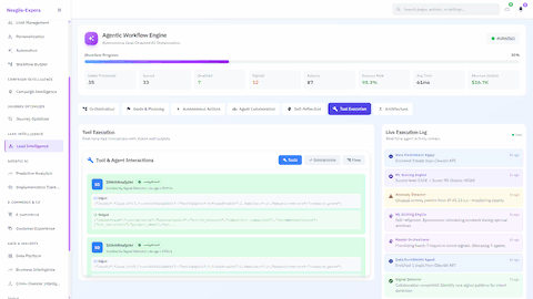 Illustrative preview (sample data, not verified outcomes): Tool & Agent Interactions - Real-time IntentAnalyzer tool execution showing input parameters, output insights, and collaboration between Signal Detector and ML Scoring Engine