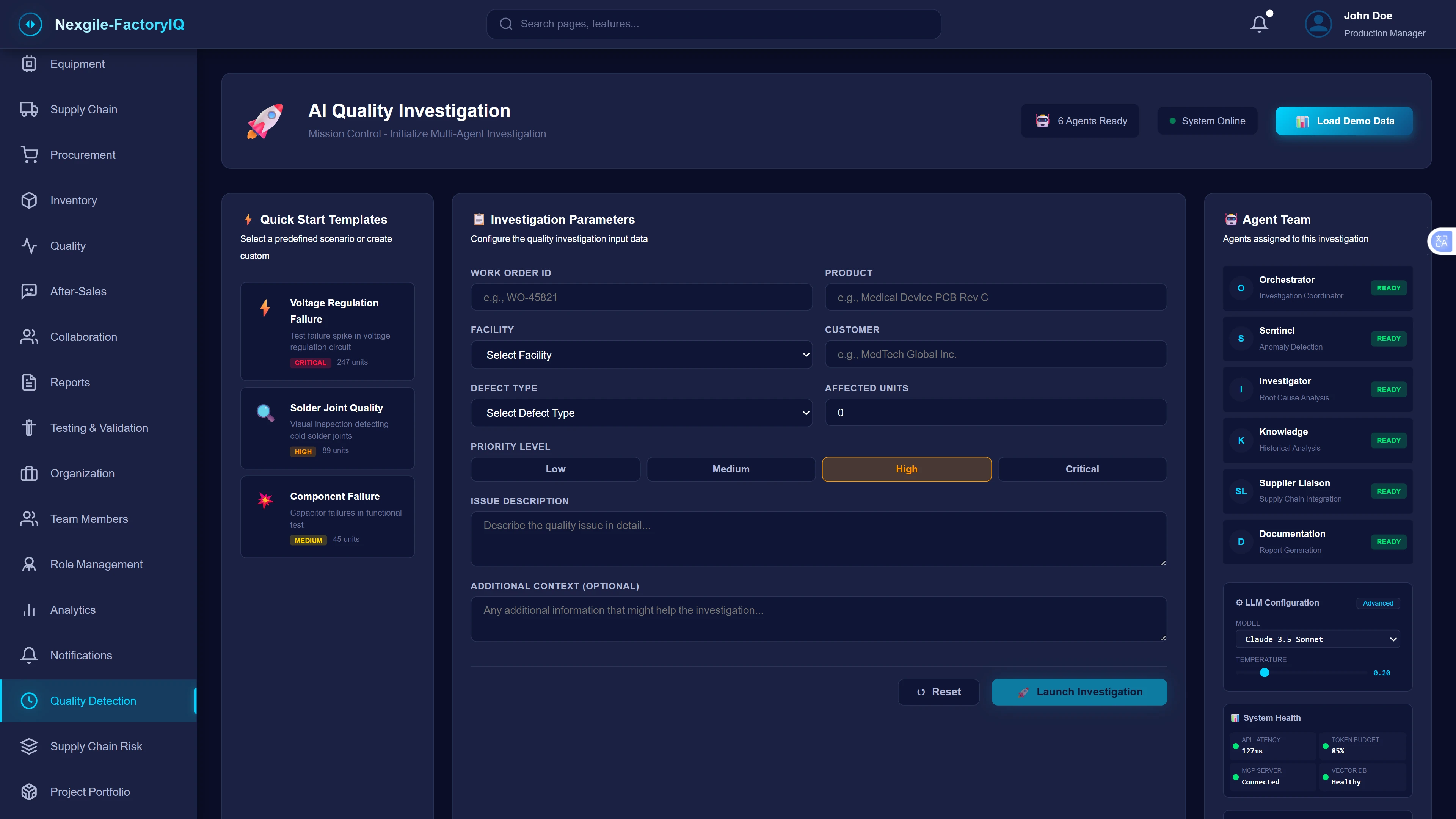 Illustrative preview (sample data, not verified outcomes): Quality Investigation Mission Control - Initial configuration interface displaying quick start templates for common quality scenarios, investigation parameter inputs including work order ID, product details, facility selection, defect type classification, and priority level assignment. The agent team panel shows 6 specialized AI agents in ready status with LLM configuration options and system health monitoring.