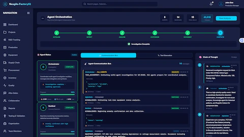 Illustrative preview (sample data, not verified outcomes): Quality Investigation Mission Control - Initial configuration interface displaying quick start templates for common quality scenarios, investigation parameter inputs including work order ID, product details, facility selection, defect type classification, and priority level assignment. The agent team panel shows 6 specialized AI agents in ready status with LLM configuration options and system health monitoring.