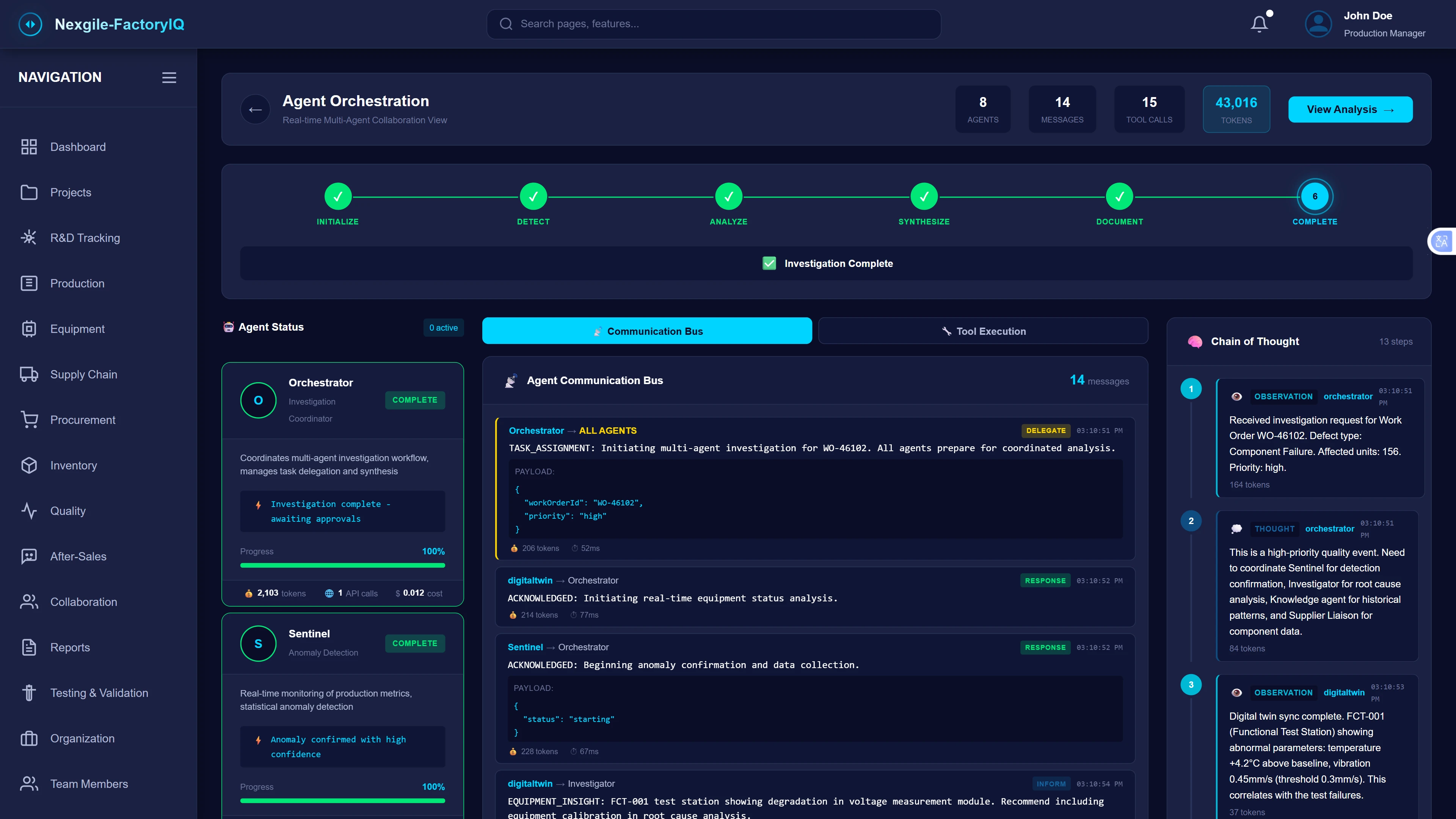 Illustrative preview (sample data, not verified outcomes): Real-Time Multi-Agent Orchestration - Live collaboration view showing the investigation workflow progression through six stages (Initialize, Detect, Analyze, Synthesize, Document, Complete). The communication bus displays inter-agent message exchanges with payload details, while the chain of thought panel reveals agent reasoning processes including observations and equipment insights for transparent decision-making.