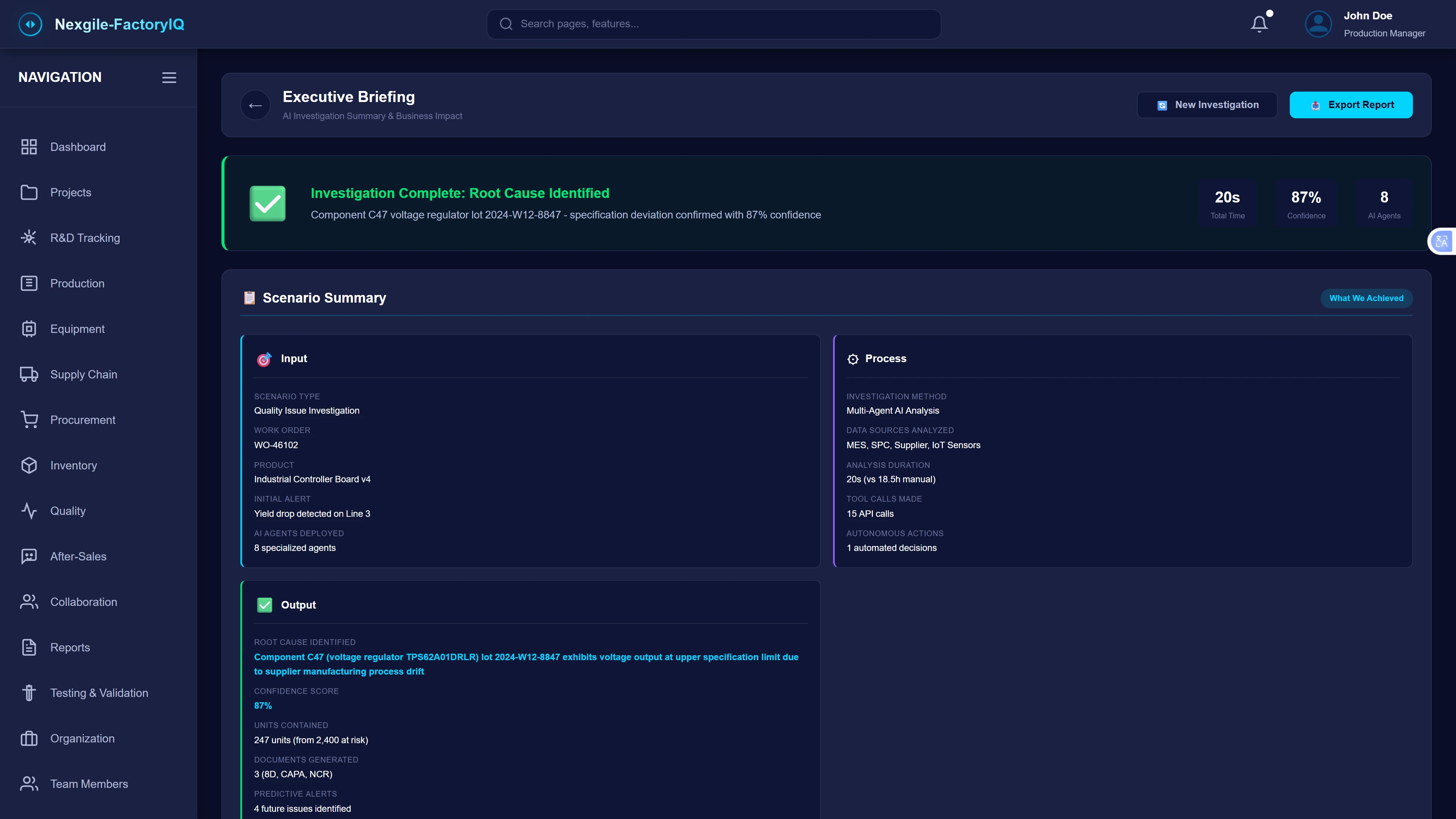 Illustrative preview (sample data, not verified outcomes): Executive Briefing Summary - AI-generated investigation summary showing completion in 20 seconds with 87% confidence using 8 specialized agents. The scenario summary presents structured input (quality issue investigation for work order WO-46102, Industrial Controller Board v4, yield drop on Line 3), process methodology (multi-agent AI analysis of MES, SPC, supplier and IoT sensor data in 20 seconds vs 18.5h manual, with 15 API calls and 1 automated decision), and output results (root cause identified, 87% confidence score, 247 units contained, 3 compliance documents generated including 8D, CAPA, and NCR, plus 4 future issue predictions).