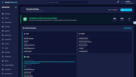 Illustrative preview (sample data, not verified outcomes): Executive Briefing Summary - AI-generated investigation summary showing completion in 20 seconds with 87% confidence using 8 specialized agents. The scenario summary presents structured input (quality issue investigation for work order WO-46102, Industrial Controller Board v4, yield drop on Line 3), process methodology (multi-agent AI analysis of MES, SPC, supplier and IoT sensor data in 20 seconds vs 18.5h manual, with 15 API calls and 1 automated decision), and output results (root cause identified, 87% confidence score, 247 units contained, 3 compliance documents generated including 8D, CAPA, and NCR, plus 4 future issue predictions).