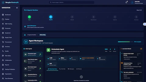 Illustrative preview (sample data, not verified outcomes): AI Agentic Workflow - Agent Workspace - Real-time monitoring of multi-agent collaboration at step 2 of 6, showing 78% completion progress. The active agents panel displays Orchestrator, Data Collection, Risk Analysis, Geopolitical Risk, and Sustainability & ESG agents, all with completion status. The Orchestrator Agent details show 3/10 reasoning steps, 4 tools utilized, 0 memory items, using Claude-3-Opus model with 4,096 max tokens at 0.7 temperature. Live event stream captures agent activities including Business Impact Agent thinking, autonomous actions for predictive analysis, tool-specific comparator operations, and alternative finder tasks.