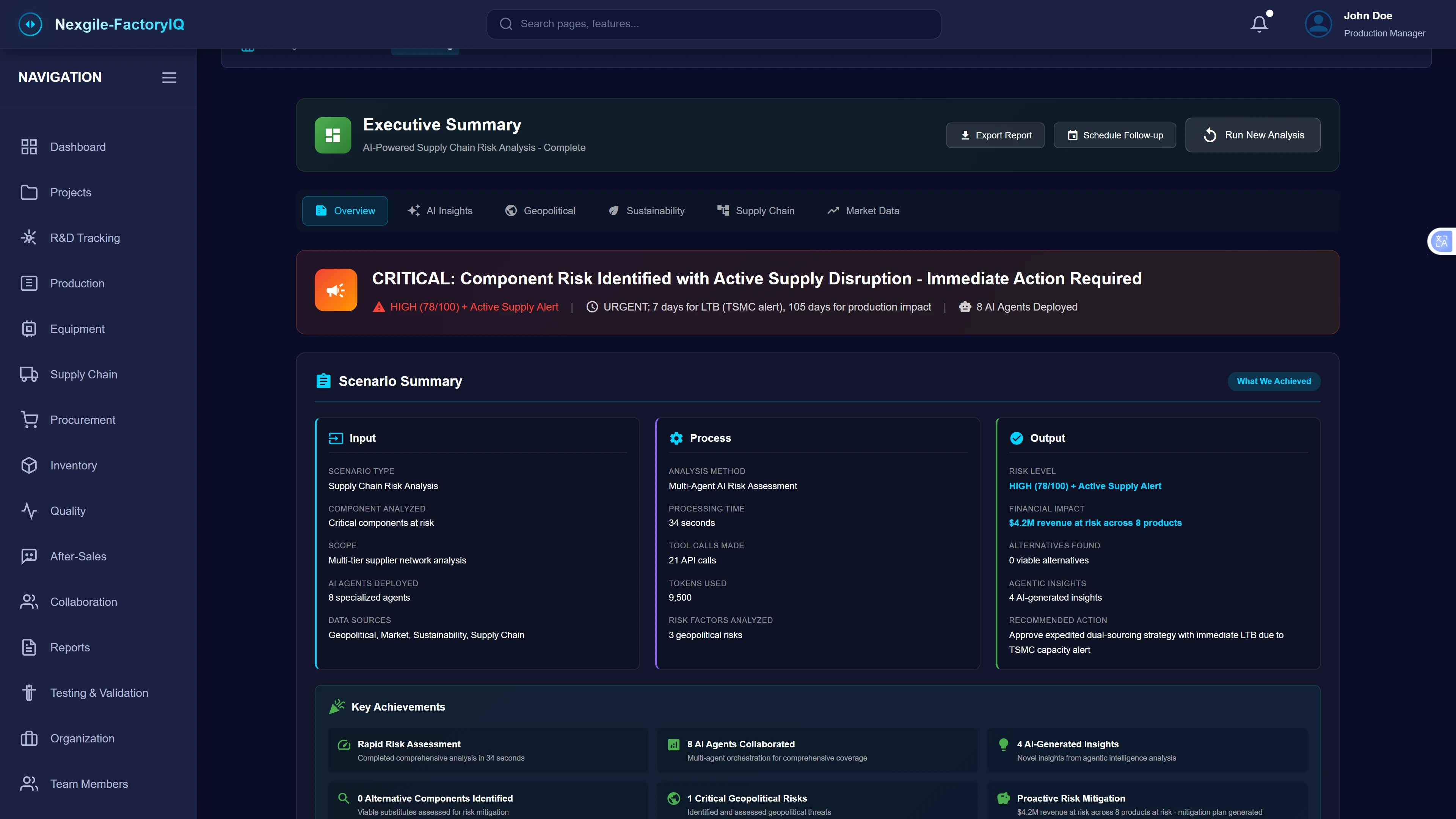 Illustrative preview (sample data, not verified outcomes): Executive Summary - Supply Chain Risk Intelligence - Critical alert banner shows component risk identified with active supply disruption requiring immediate action, including HIGH risk score (78/100), active supply alert, urgency timeline (7 days for LTB with TSMC alert, 105 days for production impact), and 8 AI agents deployed. Scenario summary displays input parameters (supply chain risk analysis for critical components at risk, multi-tier supplier network analysis, 8 specialized agents, geopolitical/market/sustainability data sources), process execution (multi-agent AI risk assessment completed in 34 seconds, 21 API calls, 9,500 tokens used, 3 geopolitical risks analyzed), and output results (HIGH risk level 78/100 with active supply alert, $4.2M revenue at risk across 8 products, 0 viable alternatives found requiring immediate assessment, 4 AI-generated insights, and recommended action to approve expedited dual-sourcing strategy with immediate LTB due to TSMC capacity alert). Key achievements highlight rapid risk assessment in 34 seconds, 8 AI agents collaboration, 0 alternative components identified, 1 critical geopolitical risk, and proactive risk mitigation with $4.2M revenue protection via mitigation plan.