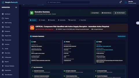 Illustrative preview (sample data, not verified outcomes): Executive Summary - Supply Chain Risk Intelligence - Critical alert banner shows component risk identified with active supply disruption requiring immediate action, including HIGH risk score (78/100), active supply alert, urgency timeline (7 days for LTB with TSMC alert, 105 days for production impact), and 8 AI agents deployed. Scenario summary displays input parameters (supply chain risk analysis for critical components at risk, multi-tier supplier network analysis, 8 specialized agents, geopolitical/market/sustainability data sources), process execution (multi-agent AI risk assessment completed in 34 seconds, 21 API calls, 9,500 tokens used, 3 geopolitical risks analyzed), and output results (HIGH risk level 78/100 with active supply alert, $4.2M revenue at risk across 8 products, 0 viable alternatives found requiring immediate assessment, 4 AI-generated insights, and recommended action to approve expedited dual-sourcing strategy with immediate LTB due to TSMC capacity alert). Key achievements highlight rapid risk assessment in 34 seconds, 8 AI agents collaboration, 0 alternative components identified, 1 critical geopolitical risk, and proactive risk mitigation with $4.2M revenue protection via mitigation plan.