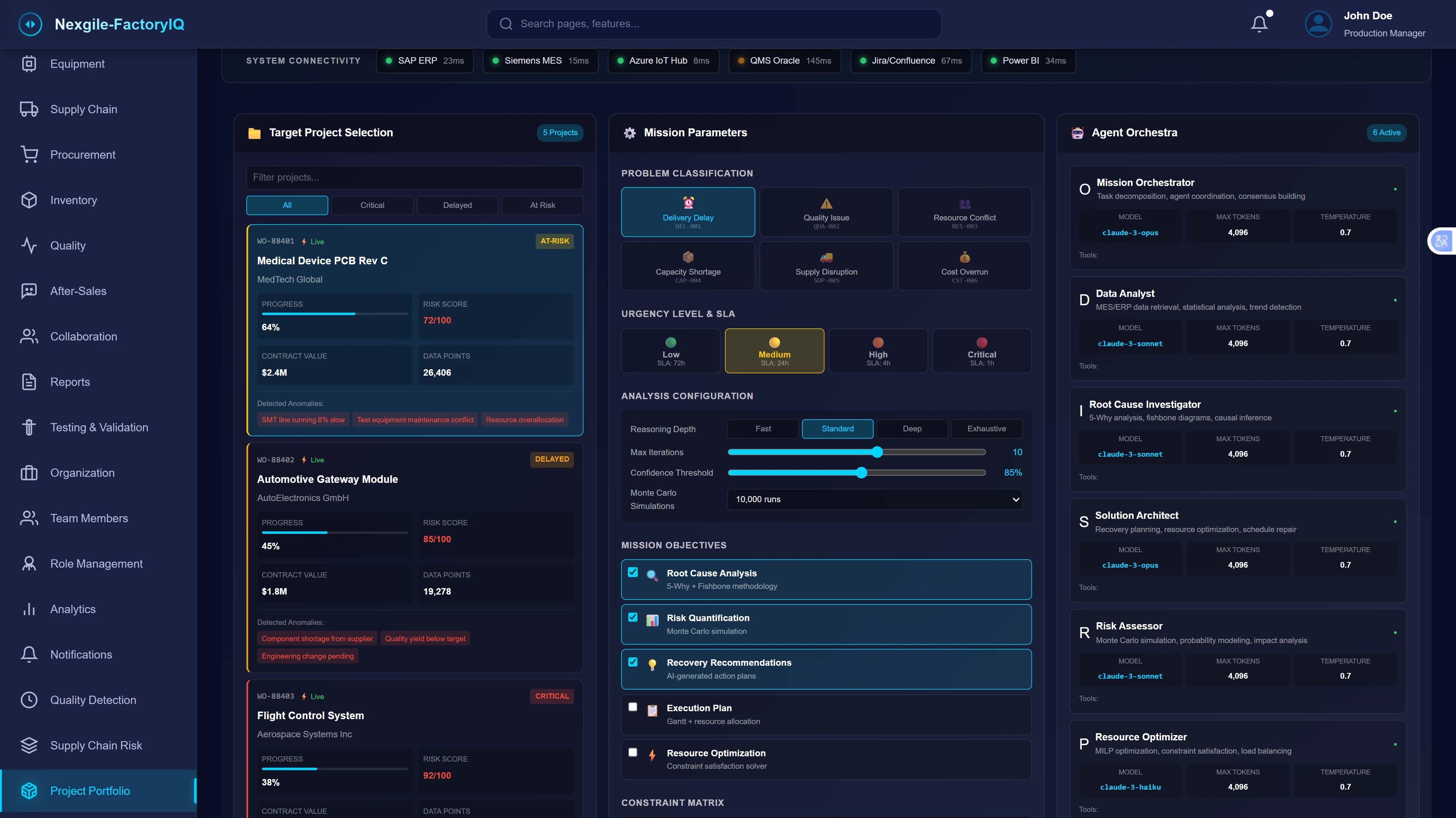 Illustrative preview (sample data, not verified outcomes): Project Rescue Mission Control - System connectivity status bar shows real-time integration with SAP ERP (23ms), Siemens MES (15ms), Azure IoT Hub (6ms), QMS Oracle (145ms), Jira/Confluence (67ms), and Power BI (34ms). Target project selection panel displays 5 active projects with risk status indicators, including Medical Device PCB Rev C (64% progress, $2.4M contract value, 28,406 data points, AT-RISK status), Automotive Gateway Module (45% progress, $1.8M contract value, DELAYED), and Flight Control System (38% progress, CRITICAL). Mission parameters section provides problem classification options (Delivery Delay, Quality Failure, Resource Conflict, Capacity Shortage, Supply Disruption, Cost Overrun), urgency level & SLA settings (Low, Medium-selected, High, Critical), and analysis configuration sliders for reasoning depth, max iterations, confidence threshold, and Monte Carlo simulations. Mission objectives checklist includes root cause analysis, risk quantification, recovery recommendations, execution plan, and resource optimization. Agent Orchestra panel shows 6 active agents (Mission Orchestrator, Data Analyst, Root Cause Investigator, Solution Architect, Risk Assessor, Resource Optimizer) with their LLM configurations.