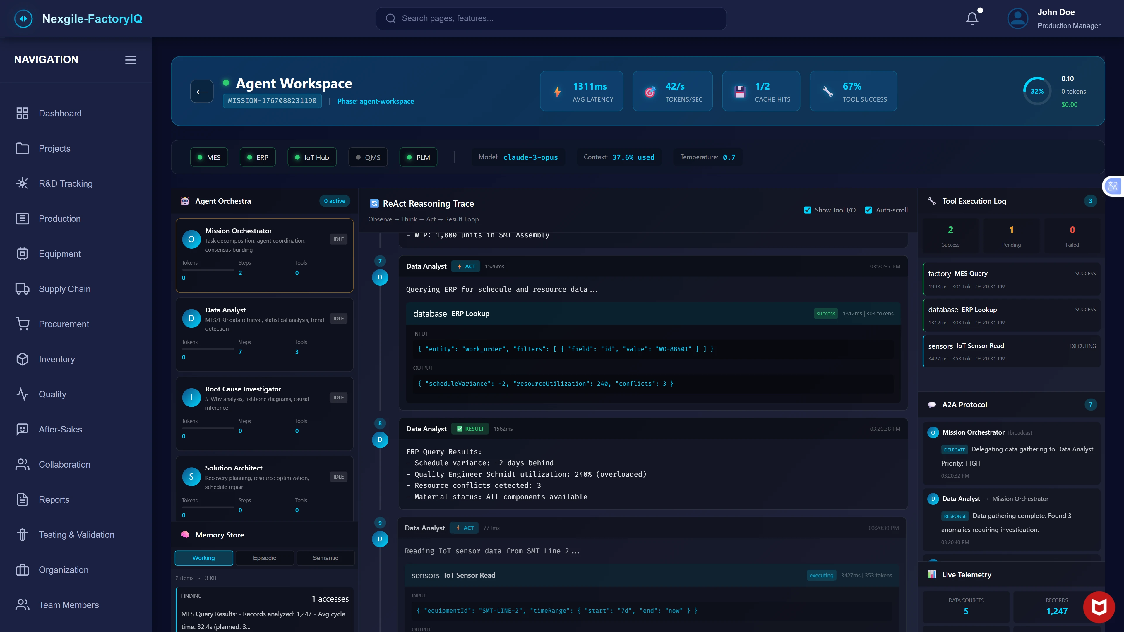 Illustrative preview (sample data, not verified outcomes): Project Rescue Agent Workspace - Real-time multi-agent collaboration interface displaying mission MISSION-176788523110B in agent-workspace phase. System metrics show 1311ms average latency, 42/s tokens per second, 1/2 cache hits, and 67% tool success rate with progress at 32% complete (0 tokens processed of $0.00 cost). Active system integrations are displayed (MES, ERP, IoT Hub, QMS, PLM). The Agent Orchestra panel lists active agents with status indicators: Mission Orchestrator (IDLE - 0 tokens, 2 steps, 0 tools), Data Analyst (IDLE - 0 tokens, 7 steps, 3 tools), Root Cause Investigator (IDLE - 0 tokens, 0 steps, 0 tools), Solution Architect (IDLE - 0 tokens, 0 steps, 0 tools), and Memory Store (Working, Episodic, Semantic - showing MES query results with 1,247 records analyzed). The ReAct Reasoning Trace panel shows the observe-think-act-result loop with Data Analyst actions including database ERP lookup queries for schedule and resource data, sensors IoT sensor reads for SMT equipment data, and detailed input/output payloads. Tool execution log displays factory MIS query, database ERP lookup, and sensors IoT sensor read events. Live telemetry panel shows 5 data sources accessing 1,247 records. The A2A Protocol section tracks agent communication with Mission Orchestrator delegating data gathering to Data Analyst.