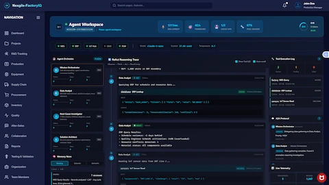 Illustrative preview (sample data, not verified outcomes): Project Rescue Agent Workspace - Real-time multi-agent collaboration interface displaying mission MISSION-176788523110B in agent-workspace phase. System metrics show 1311ms average latency, 42/s tokens per second, 1/2 cache hits, and 67% tool success rate with progress at 32% complete (0 tokens processed of $0.00 cost). Active system integrations are displayed (MES, ERP, IoT Hub, QMS, PLM). The Agent Orchestra panel lists active agents with status indicators: Mission Orchestrator (IDLE - 0 tokens, 2 steps, 0 tools), Data Analyst (IDLE - 0 tokens, 7 steps, 3 tools), Root Cause Investigator (IDLE - 0 tokens, 0 steps, 0 tools), Solution Architect (IDLE - 0 tokens, 0 steps, 0 tools), and Memory Store (Working, Episodic, Semantic - showing MES query results with 1,247 records analyzed). The ReAct Reasoning Trace panel shows the observe-think-act-result loop with Data Analyst actions including database ERP lookup queries for schedule and resource data, sensors IoT sensor reads for SMT equipment data, and detailed input/output payloads. Tool execution log displays factory MIS query, database ERP lookup, and sensors IoT sensor read events. Live telemetry panel shows 5 data sources accessing 1,247 records. The A2A Protocol section tracks agent communication with Mission Orchestrator delegating data gathering to Data Analyst.
