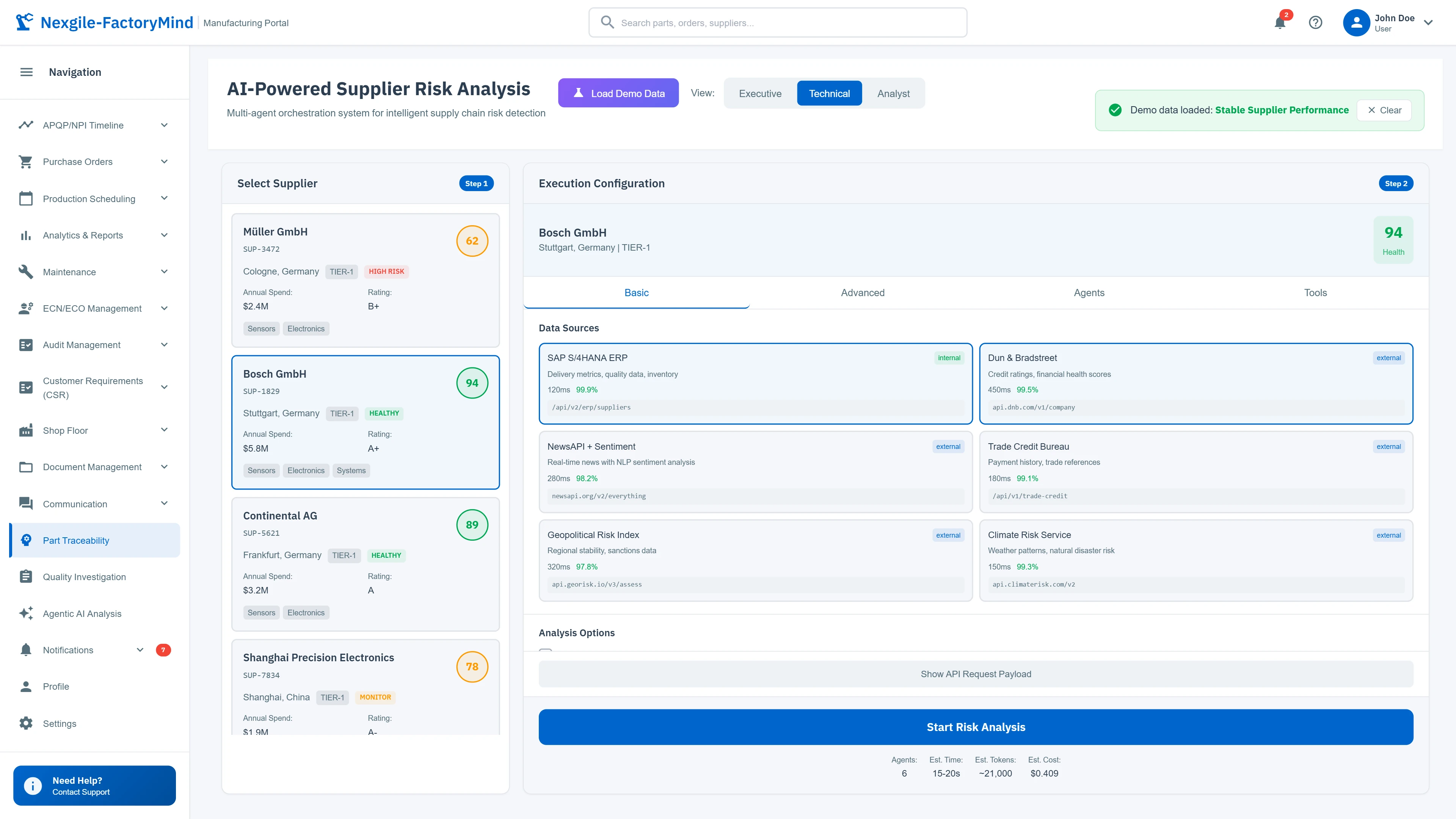 Illustrative preview (sample data, not verified outcomes): Supplier selection and data source configuration wizard with multi-tier network view