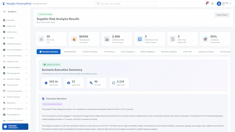 Illustrative preview (sample data, not verified outcomes): Risk analysis results showing risk score, financial exposure, and AI-generated narrative