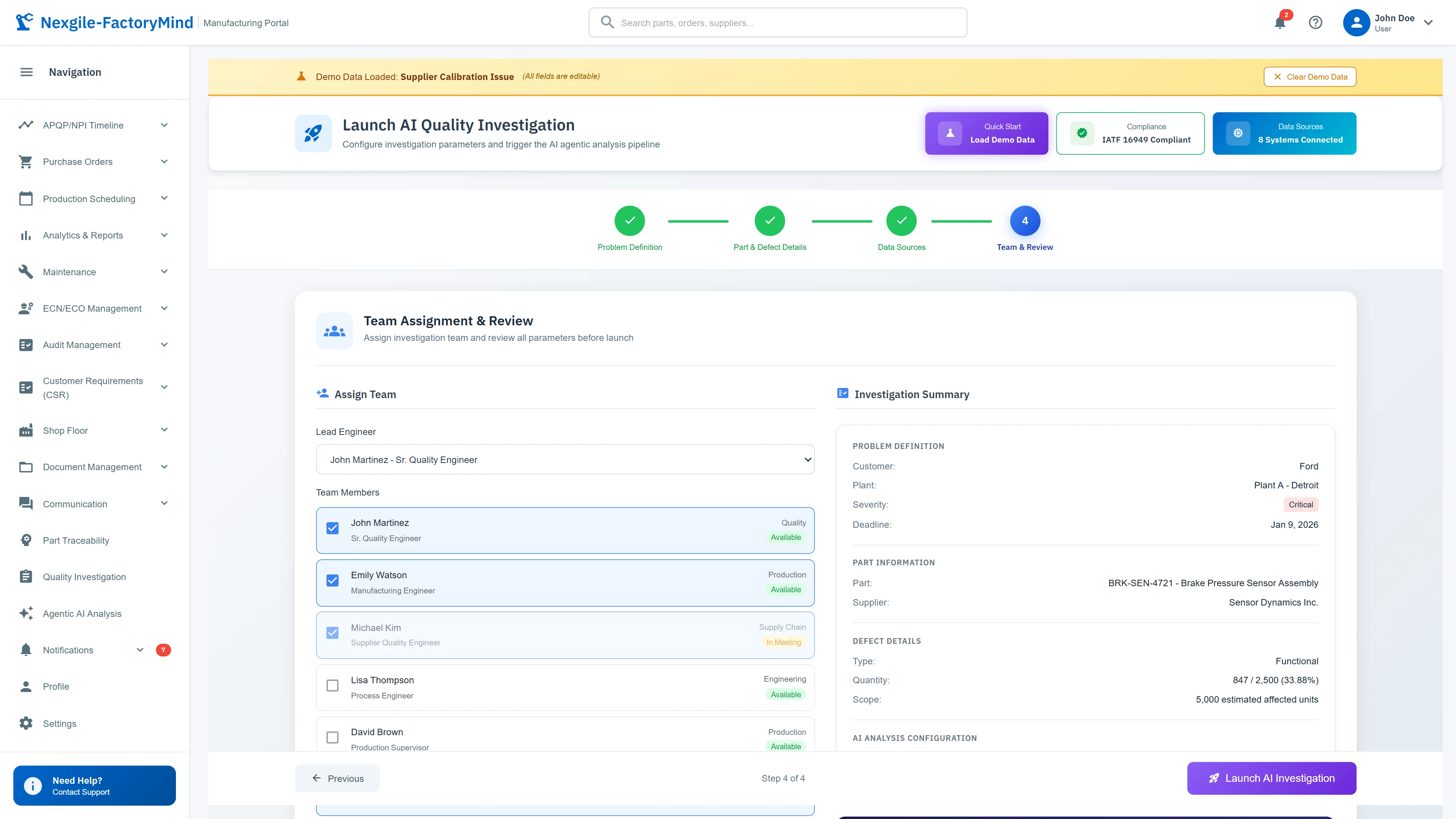 Illustrative preview (sample data, not verified outcomes): Quality investigation setup wizard with team assignment and IATF 16949 compliance