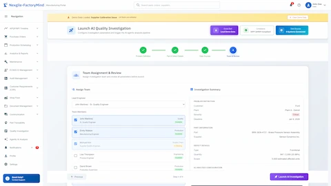 Illustrative preview (sample data, not verified outcomes): Quality investigation setup wizard with team assignment and IATF 16949 compliance