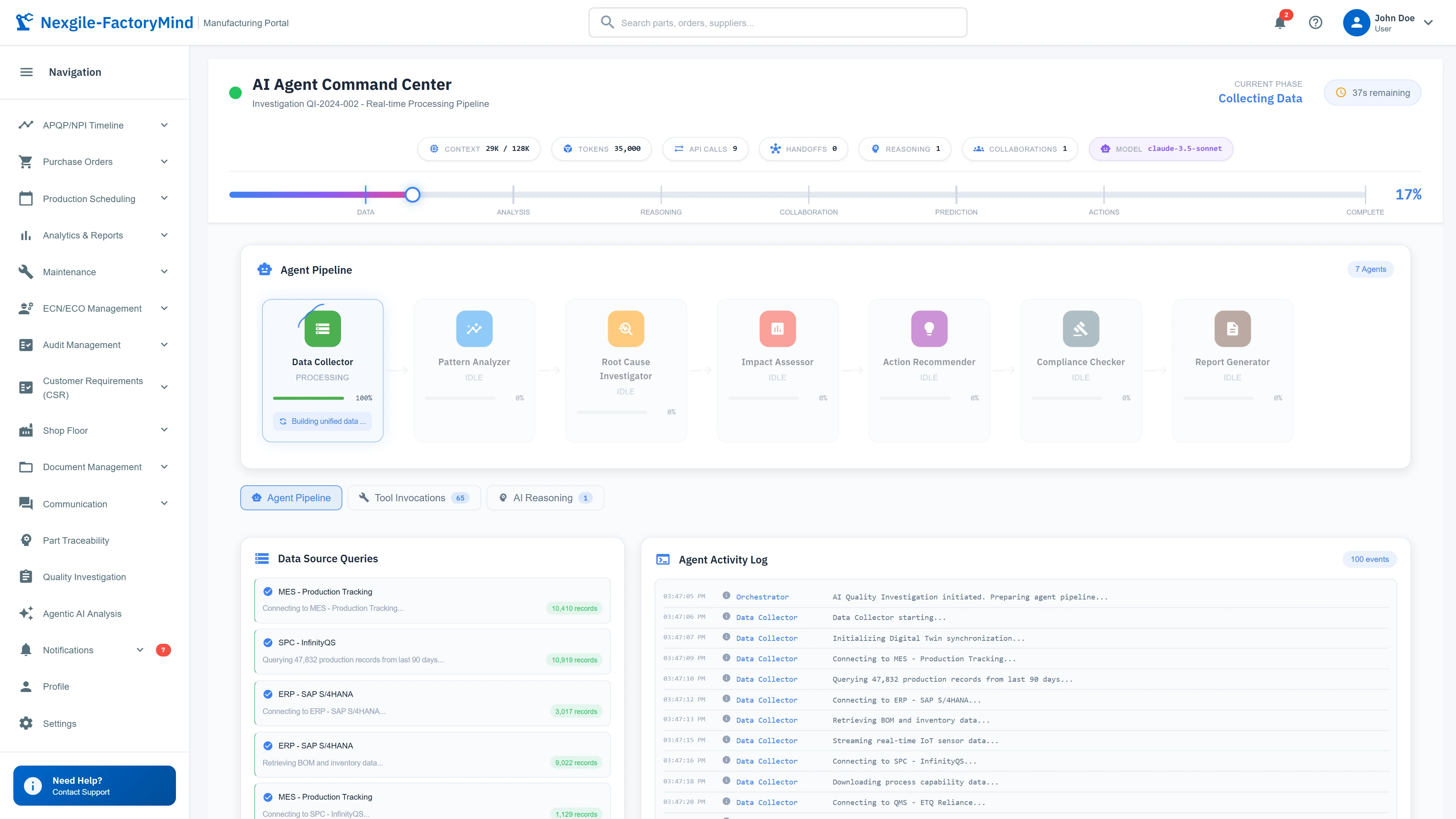 Illustrative preview (sample data, not verified outcomes): AI Agent Command Center with 7-agent pipeline and real-time data collection progress