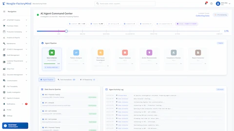 Illustrative preview (sample data, not verified outcomes): AI Agent Command Center with 7-agent pipeline and real-time data collection progress
