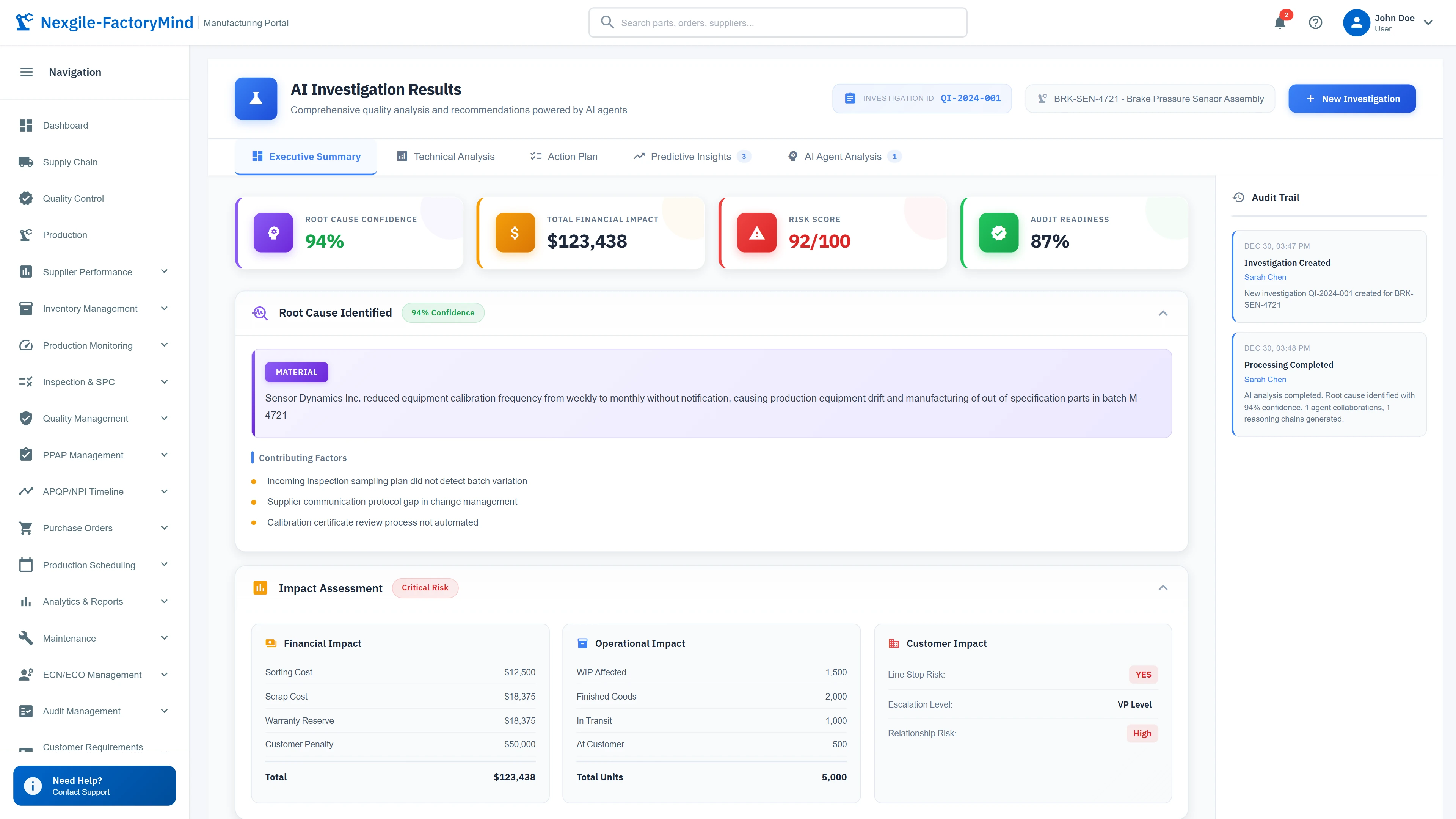 Illustrative preview (sample data, not verified outcomes): Investigation results with root cause analysis, financial impact, and audit readiness