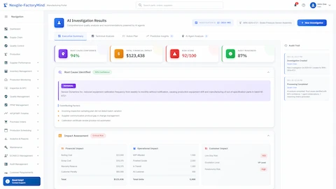 Illustrative preview (sample data, not verified outcomes): Investigation results with root cause analysis, financial impact, and audit readiness
