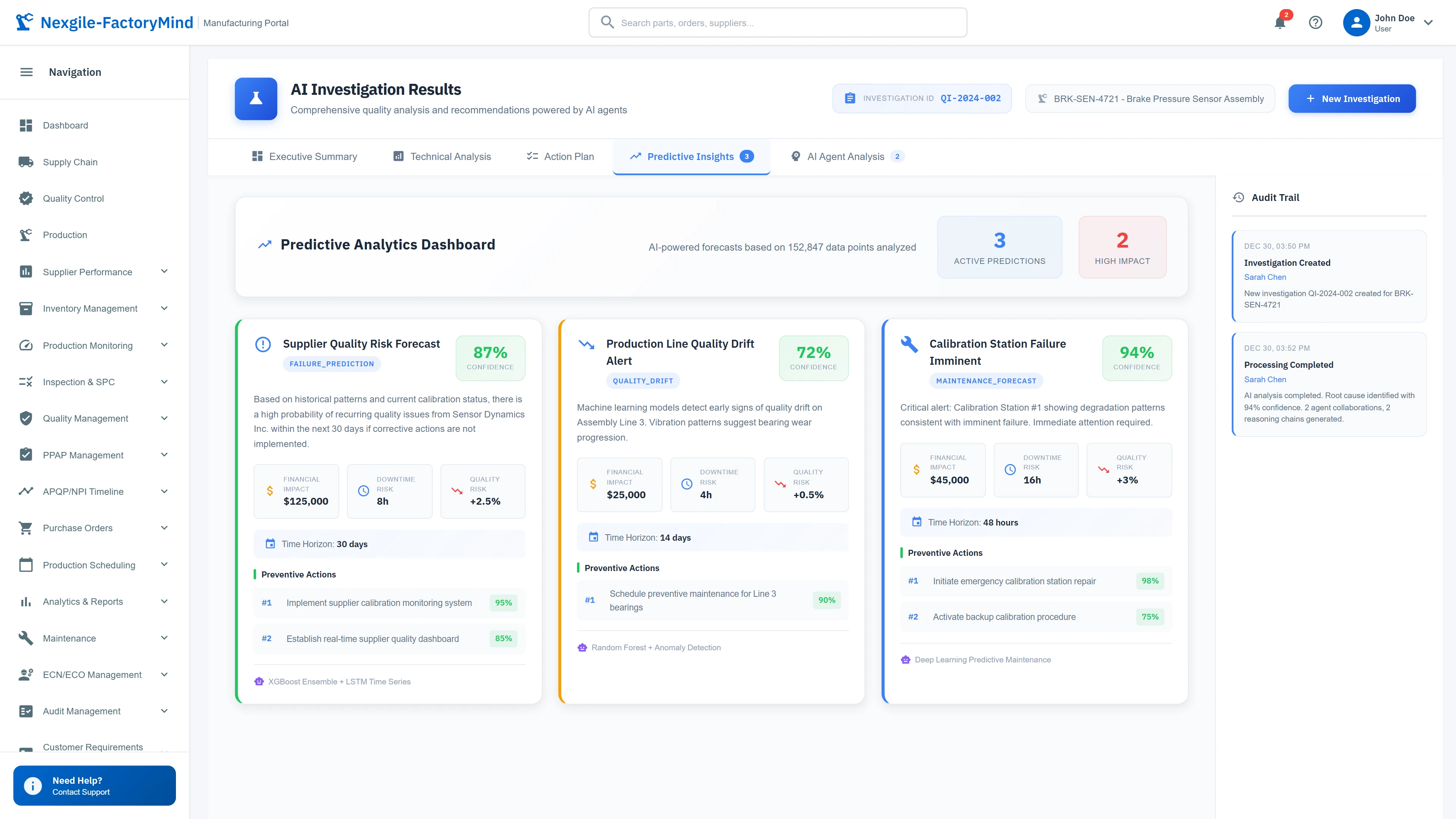Illustrative preview (sample data, not verified outcomes): Predictive insights dashboard with quality risk forecasts and preventive actions