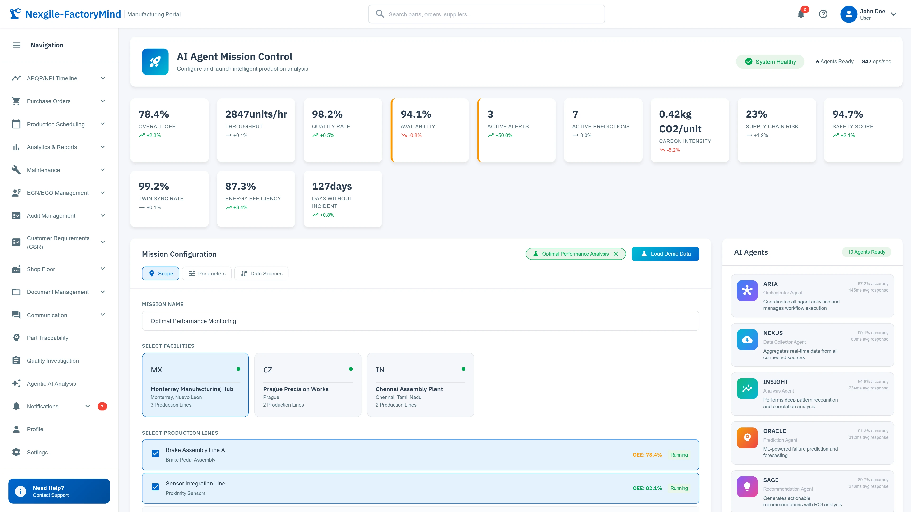 Illustrative preview (sample data, not verified outcomes): Mission Control dashboard with KPIs, facility selection, and AI agent status panel