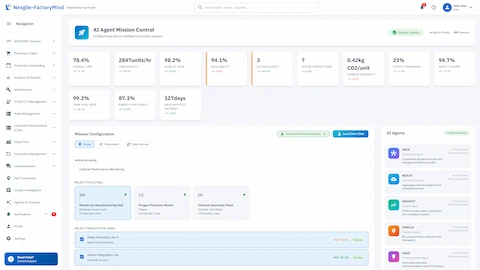 Illustrative preview (sample data, not verified outcomes): Mission Control dashboard with KPIs, facility selection, and AI agent status panel