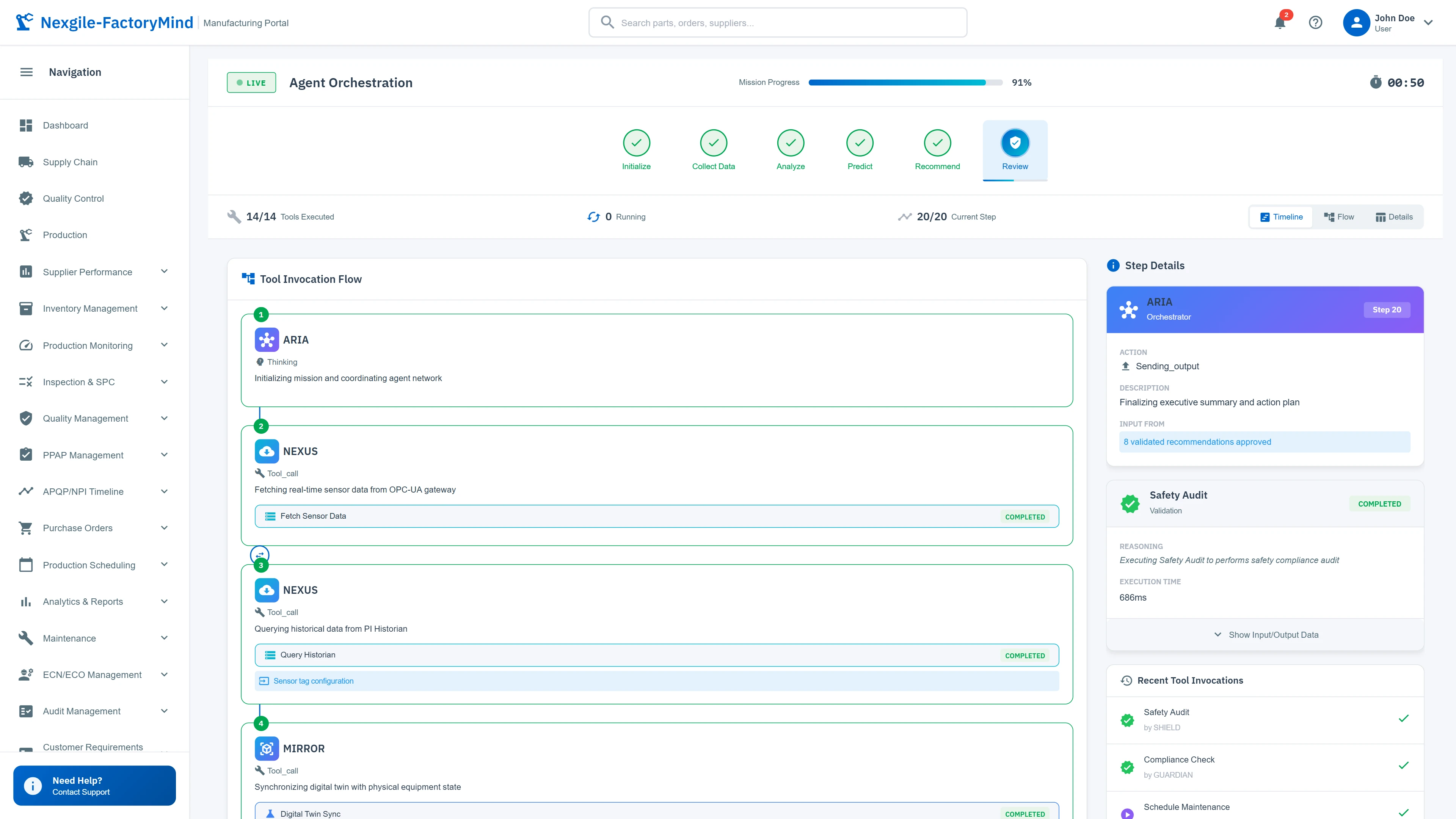 Illustrative preview (sample data, not verified outcomes): Live agent orchestration with 6-phase workflow and digital twin synchronization