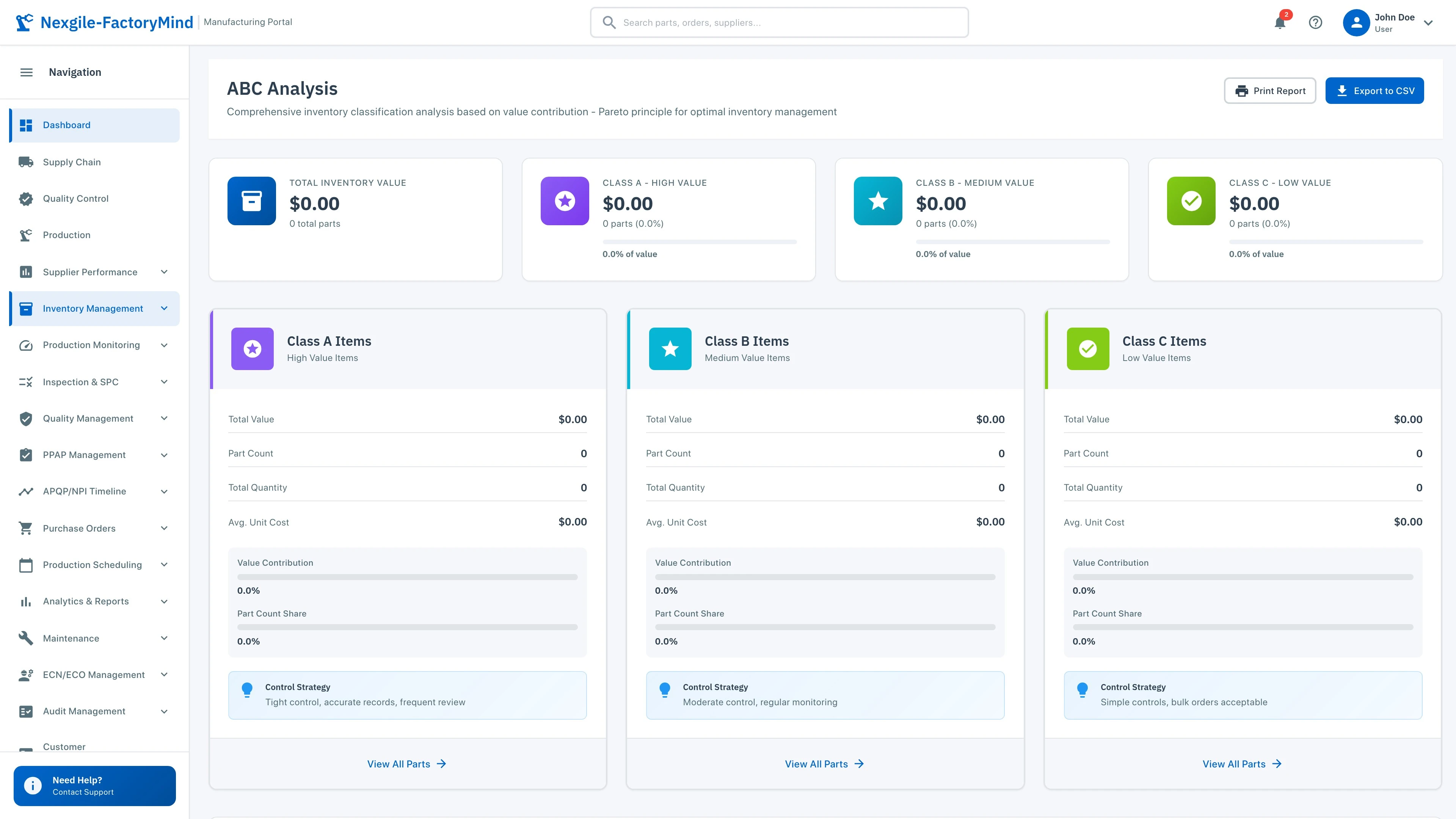 Illustrative preview (sample data, not verified outcomes): ABC Analysis Dashboard - Inventory classification and critical component prioritization