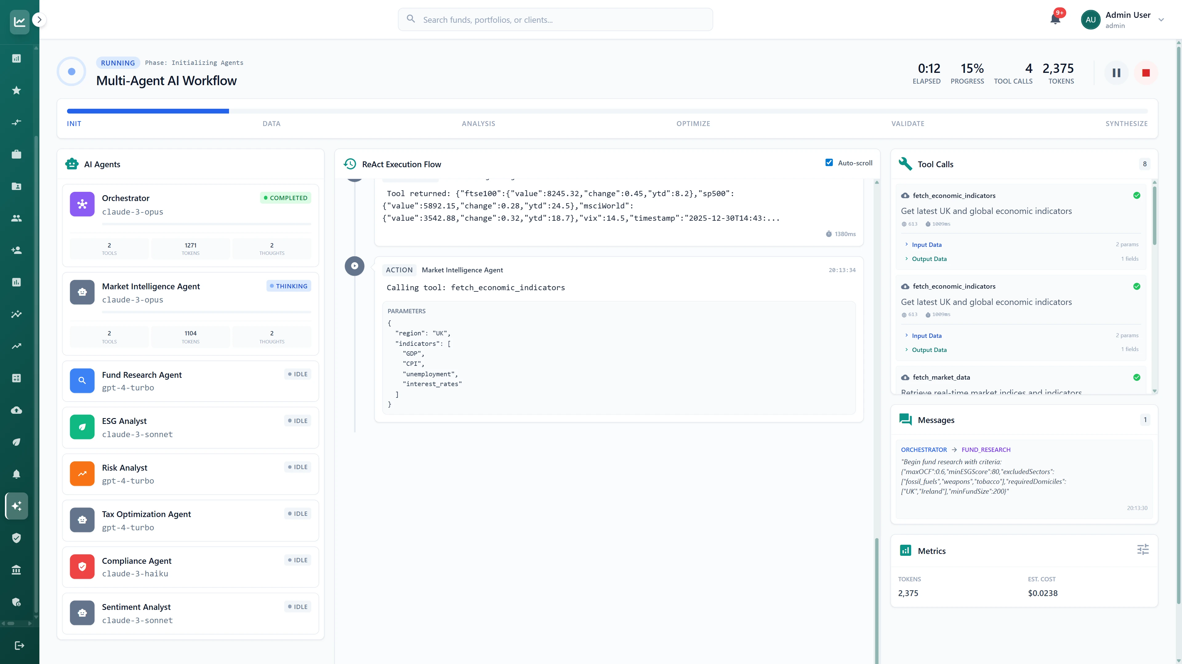 Illustrative preview (sample data, not verified outcomes): Multi-Agent AI Workflow initialization interface showing 8 specialized agents (Orchestrator, Market Intelligence, Fund Research, ESG Analyst, Risk Analyst, Tax Optimization, Compliance, Sentiment Analyst) with ReAct Execution Flow displaying real-time tool calls and market data retrieval parameters