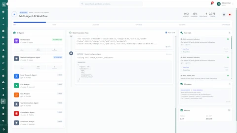 Illustrative preview (sample data, not verified outcomes): Multi-Agent AI Workflow initialization interface showing 8 specialized agents (Orchestrator, Market Intelligence, Fund Research, ESG Analyst, Risk Analyst, Tax Optimization, Compliance, Sentiment Analyst) with ReAct Execution Flow displaying real-time tool calls and market data retrieval parameters