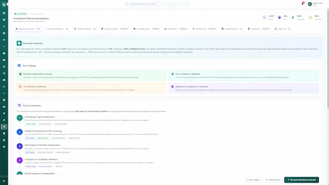 Illustrative preview (sample data, not verified outcomes): Investment Recommendations Executive Summary displaying key findings including Portfolio Optimization Success with Sharpe ratios 0.69-0.73, ESG Compliance Validated with Article 8 SFDR classification, Cost Efficiency Achieved with OCF 0.34-0.39%, and the 5-phase multi-agent orchestration workflow process
