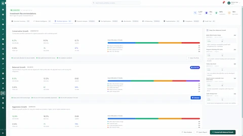Illustrative preview (sample data, not verified outcomes): Portfolio Options comparison interface presenting Conservative (6.2% return), Balanced Growth (8.5% return, AI TOP PICK), and Aggressive Growth (12.8% return) portfolios with detailed fund allocations, ESG scores, Sharpe ratios, and deep-dive analysis of individual fund holdings