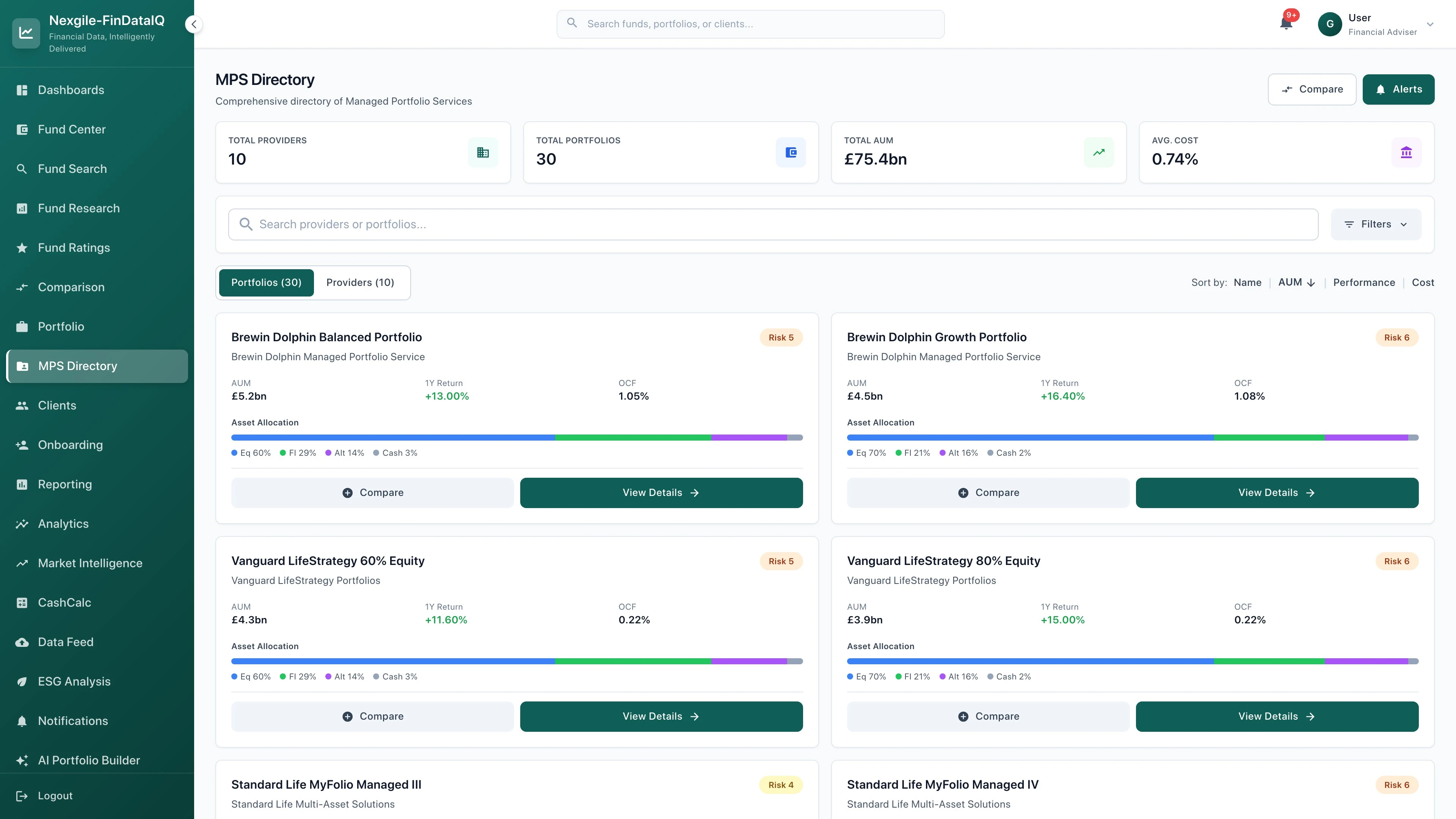 Illustrative preview (sample data, not verified outcomes): MPS Directory - Model Portfolio Service listing and comparison interface